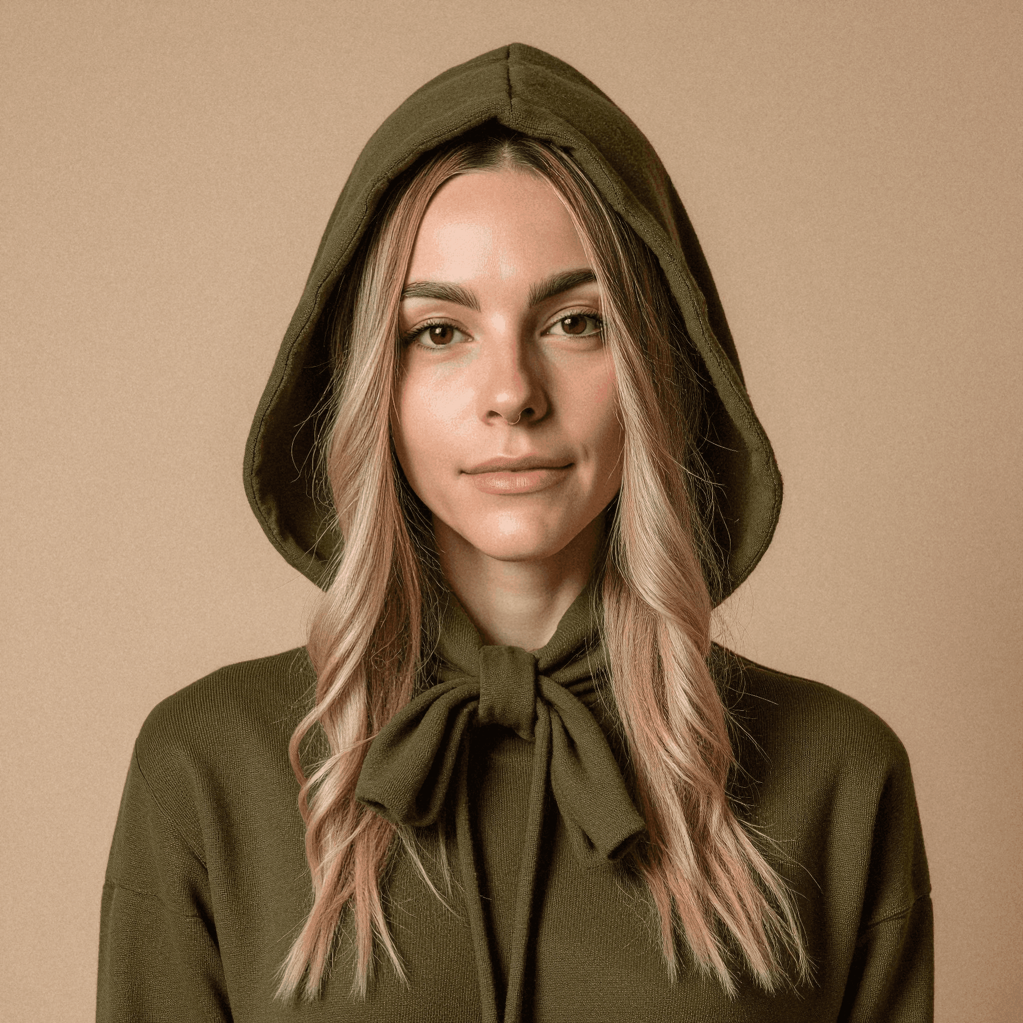 Woman in Olive Hooded Sweater
