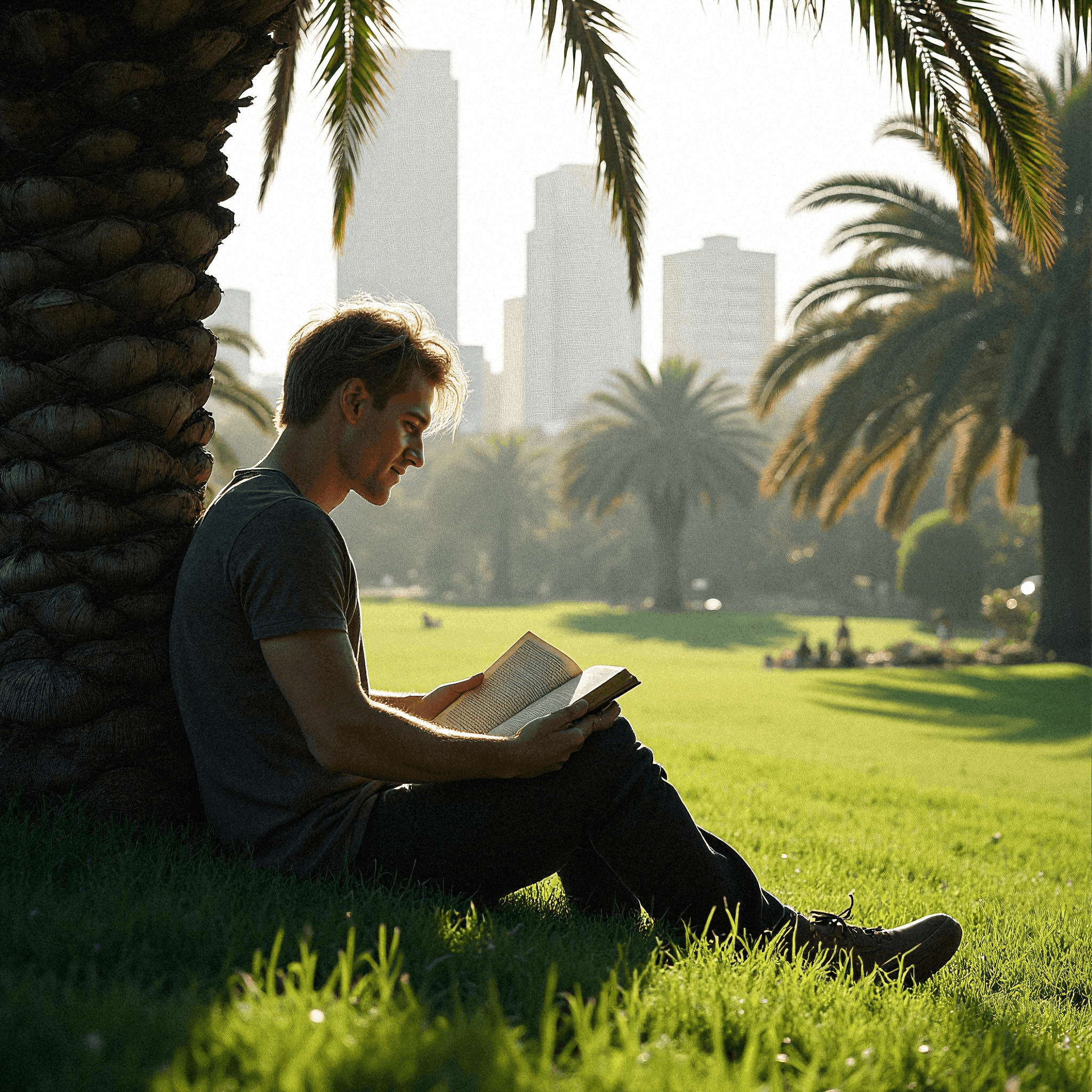Man reading under palm tree in park