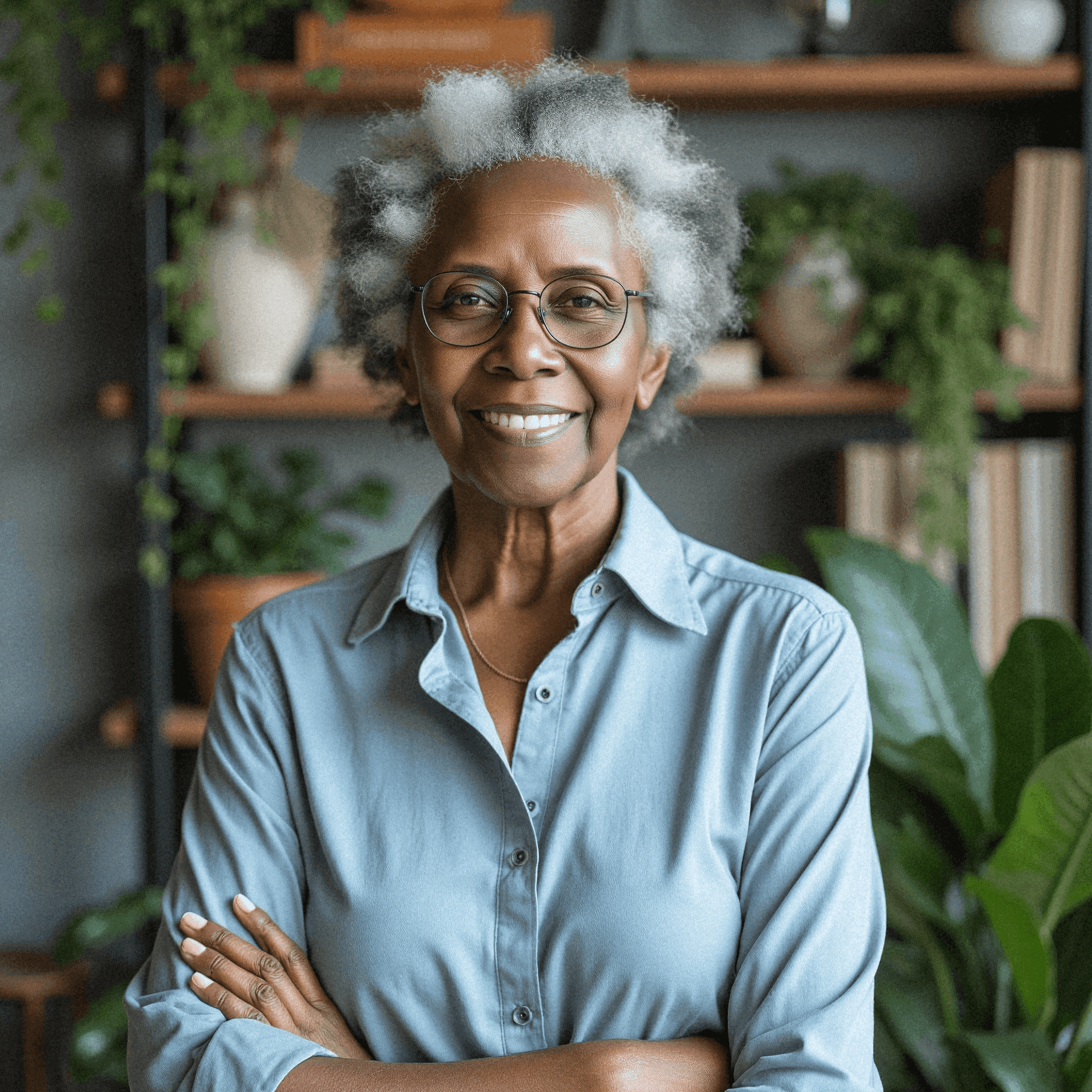 Smiling woman in light blue blouse