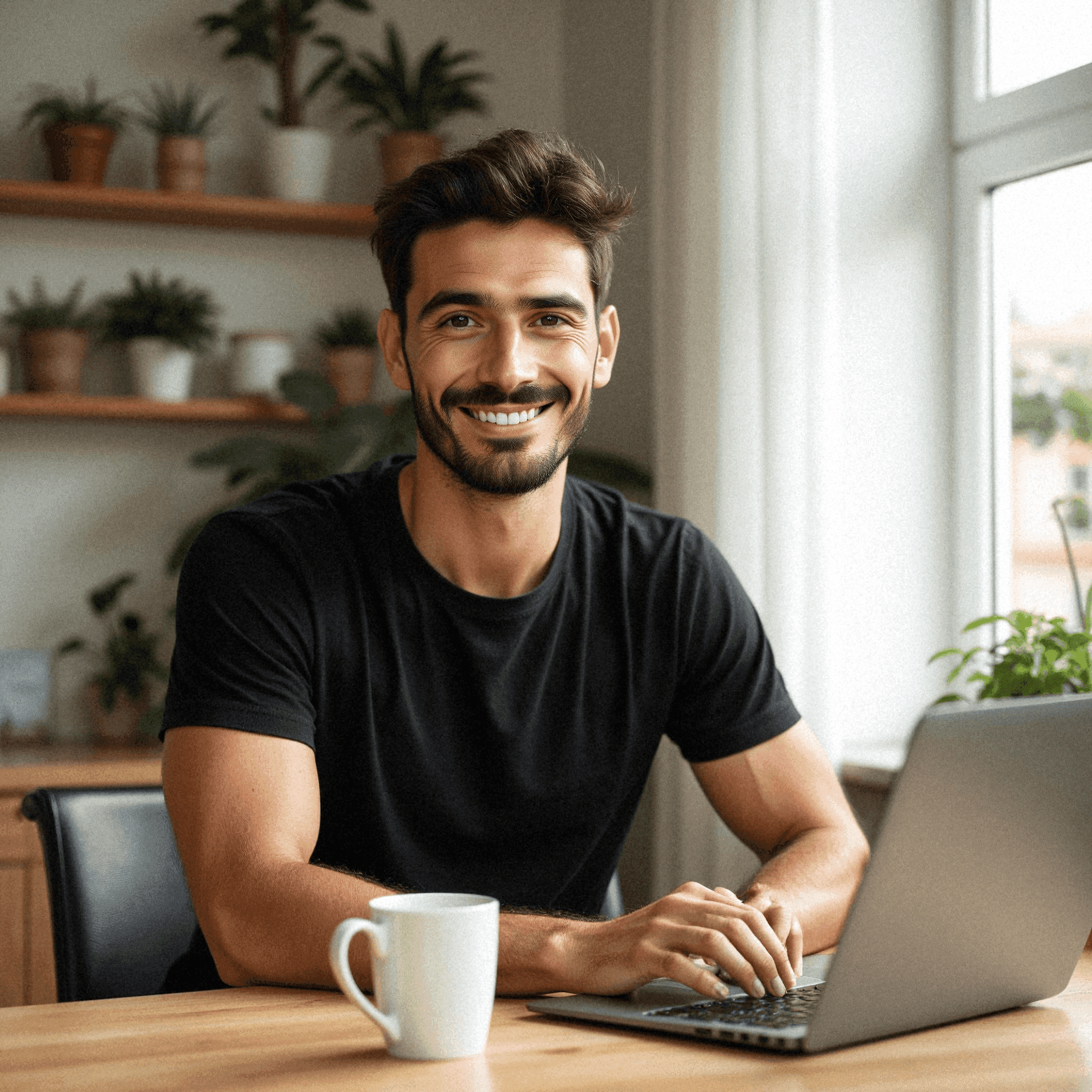 Man smiling at desk with laptop, plants