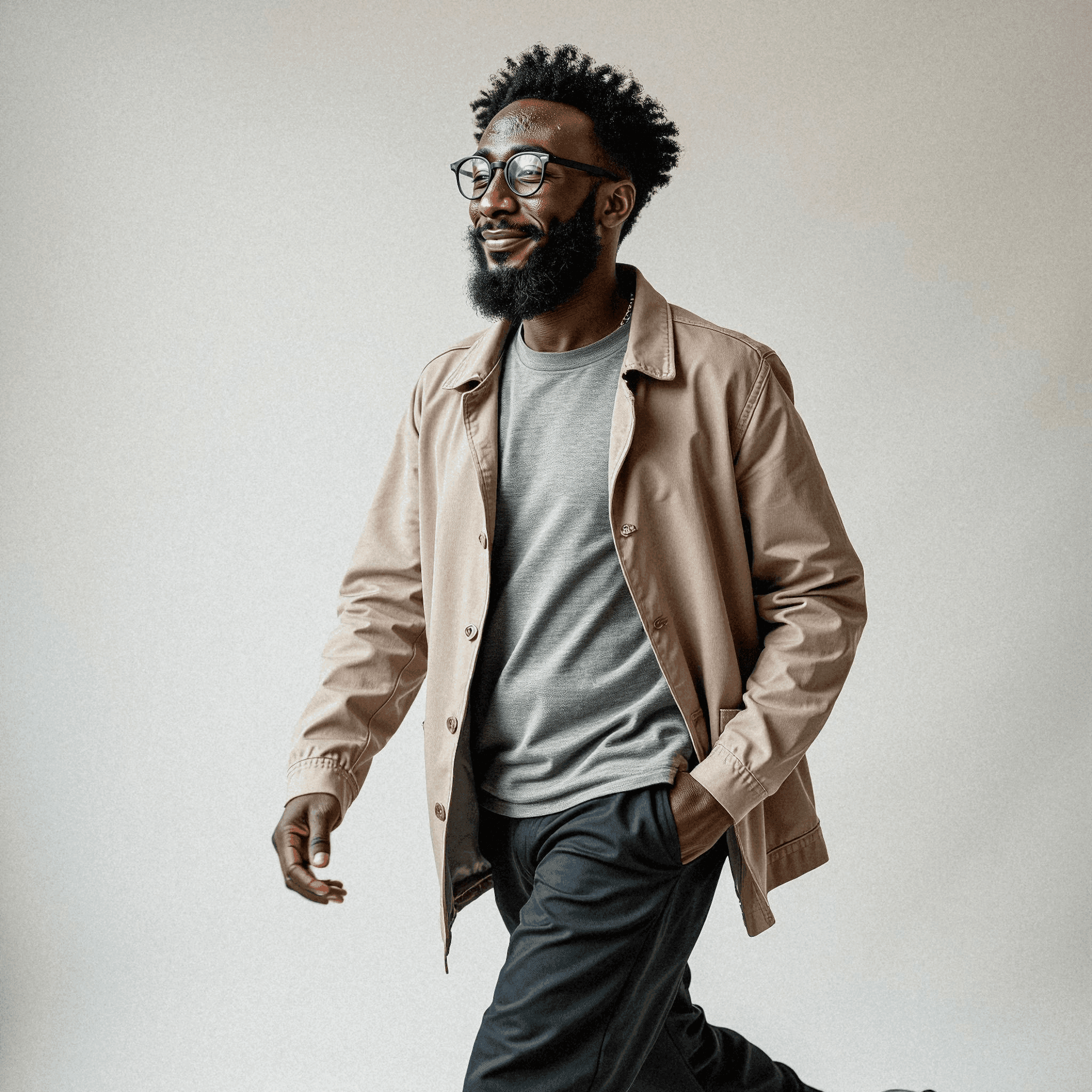 A smiling man in motion