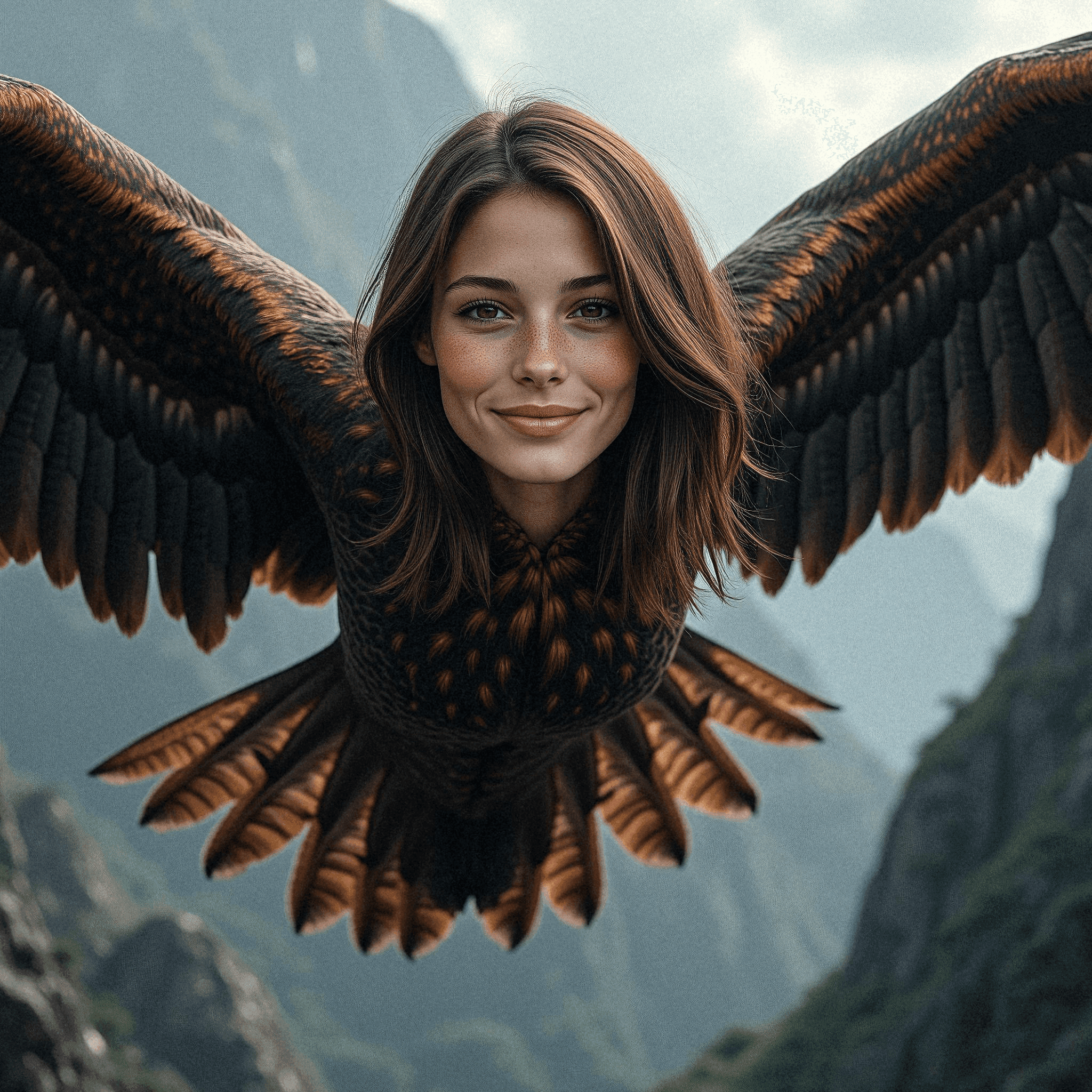 Woman Merging with Bird in Mid-Flight
