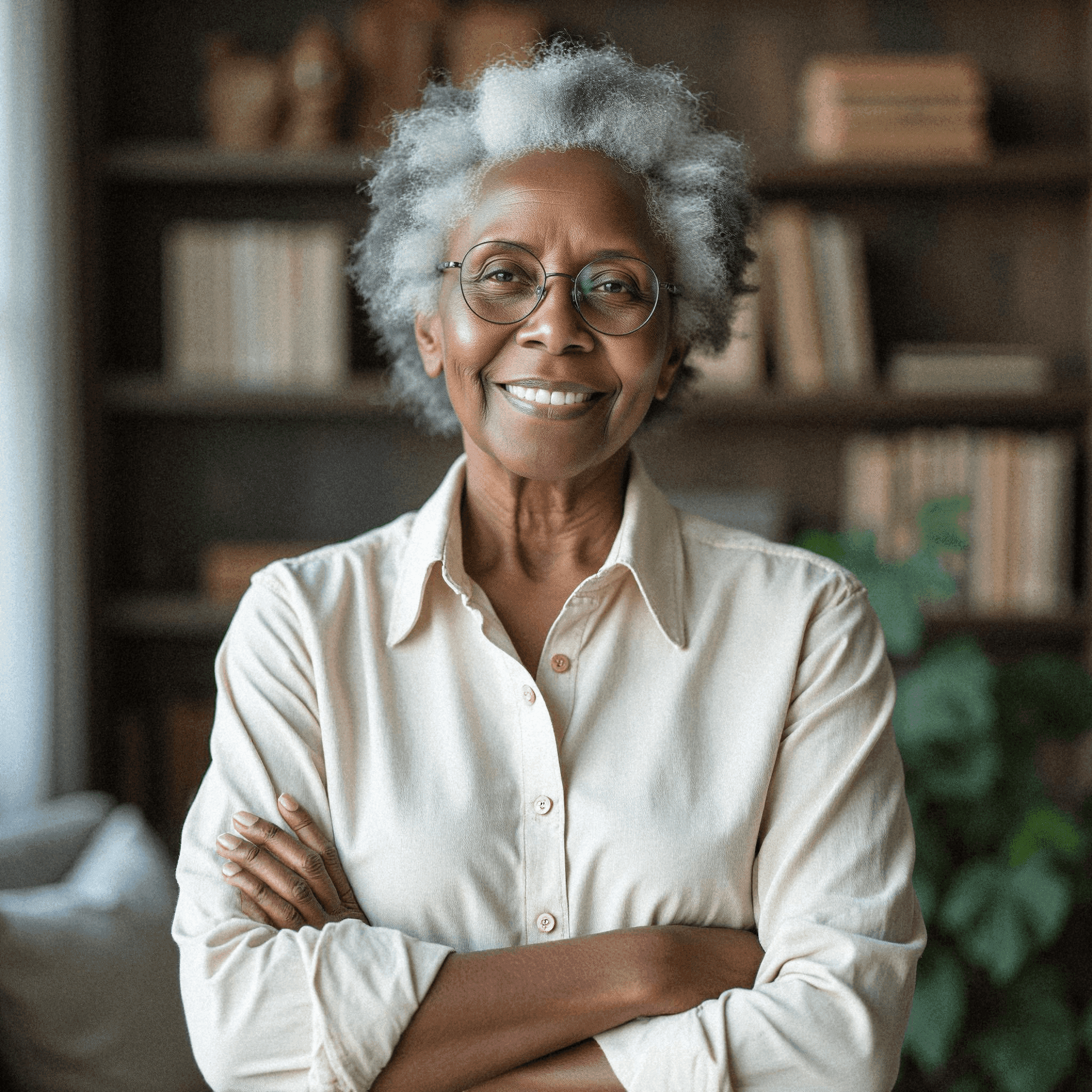 Smiling woman with gray hair and glasses