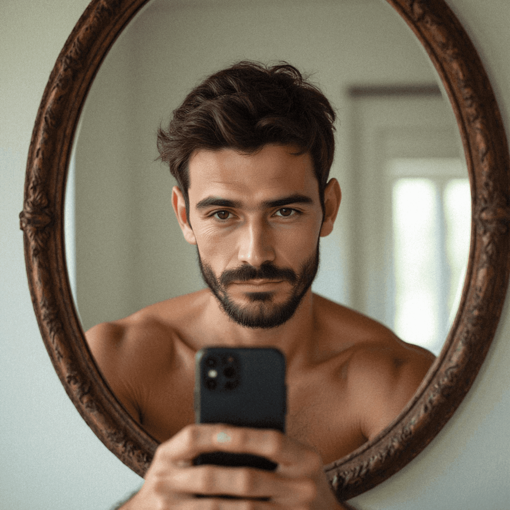 Introspective man in mirror selfie