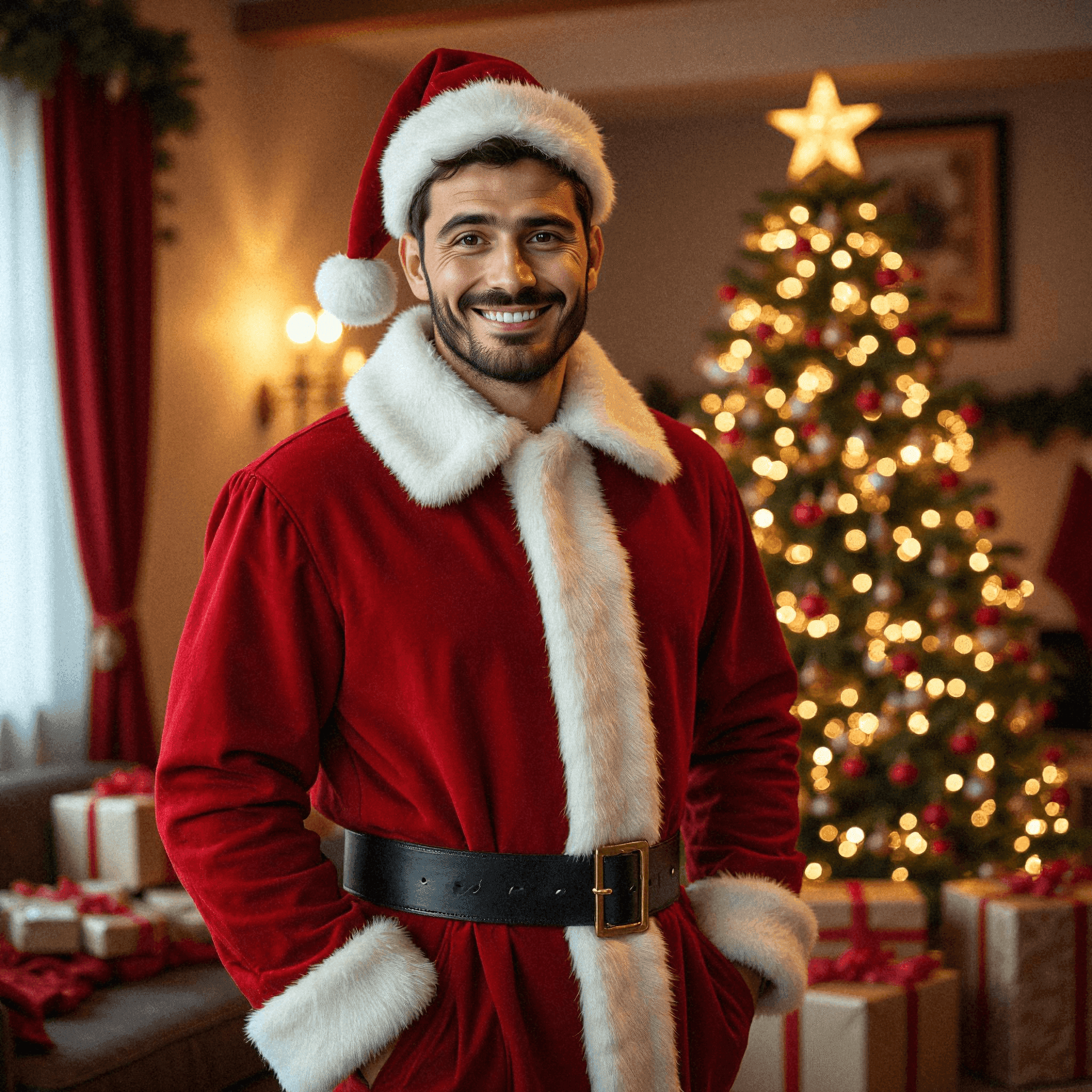 Smiling Man in Santa Costume with Tree