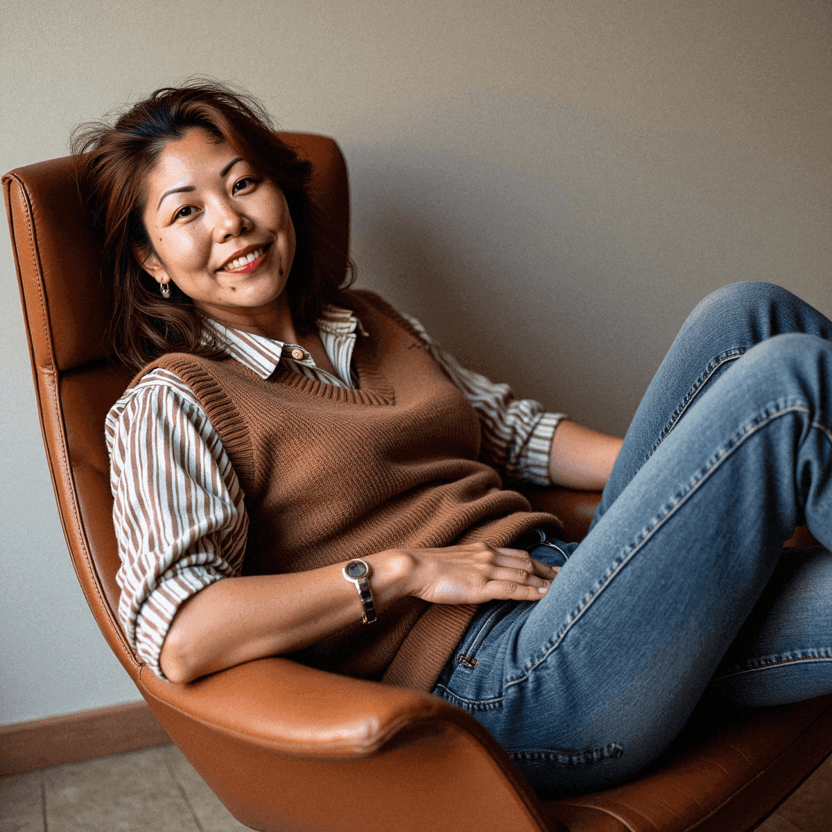 Woman lounging in retro-modern chair