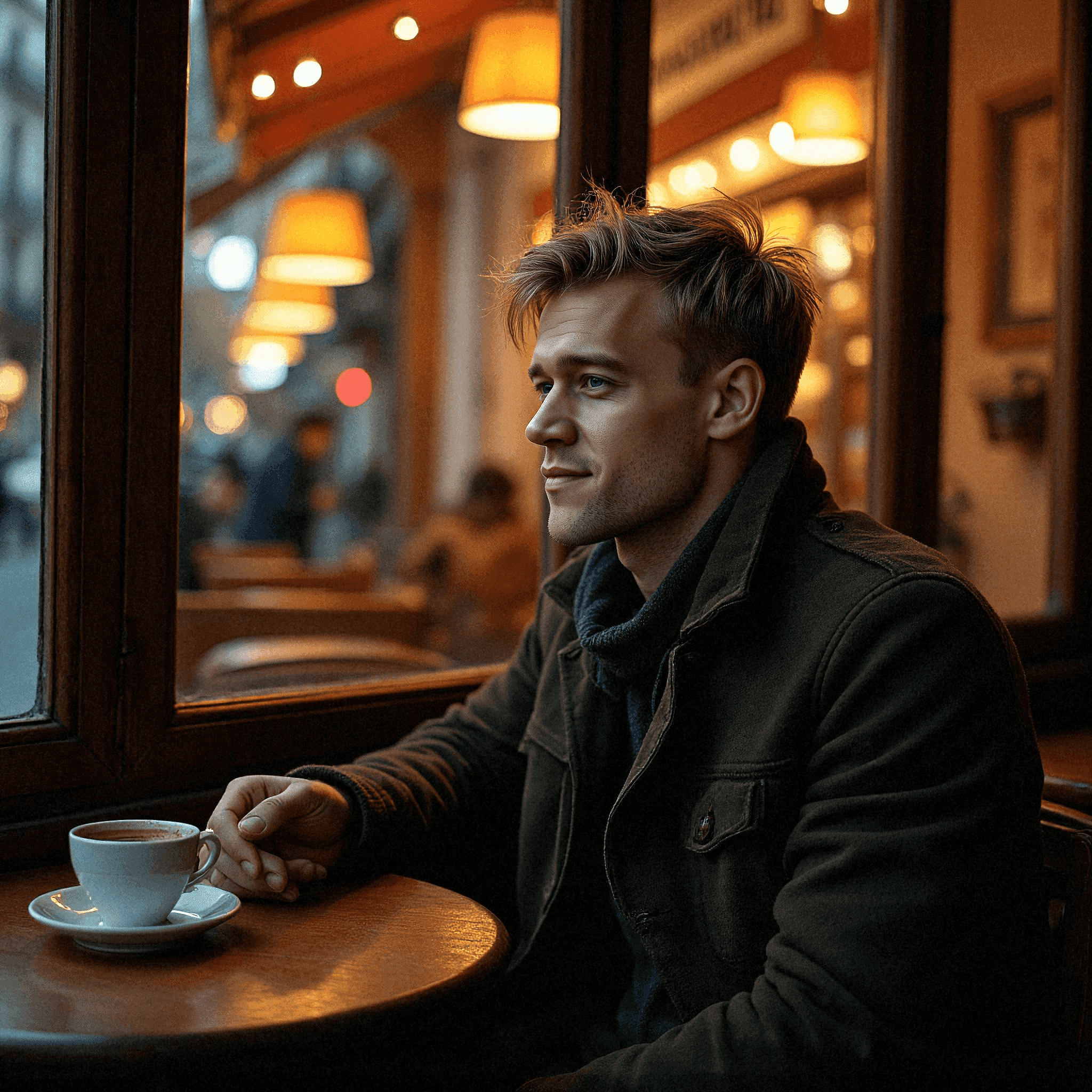 Man reflecting at Montmartre café