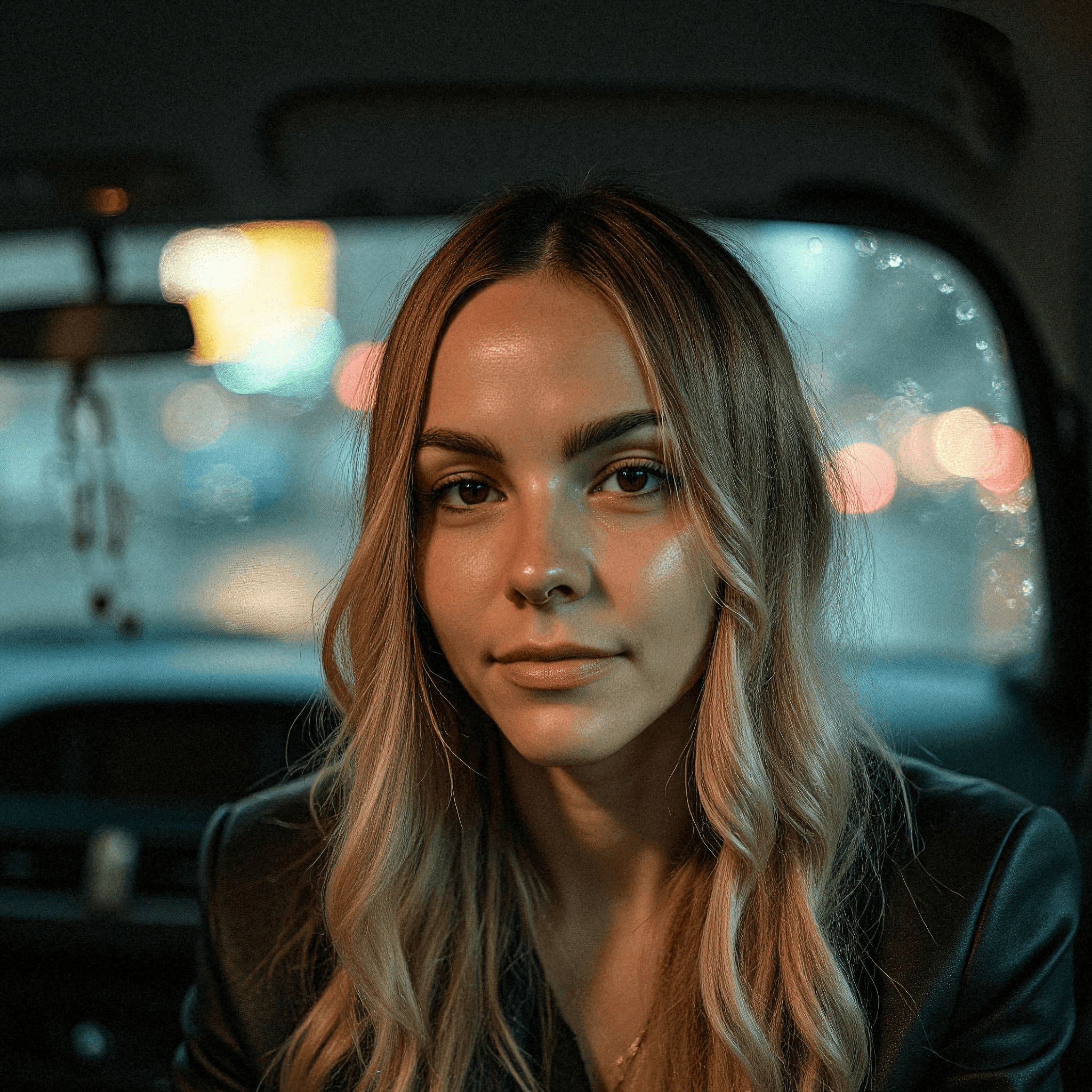 Candid woman in taxi, neon ambiance