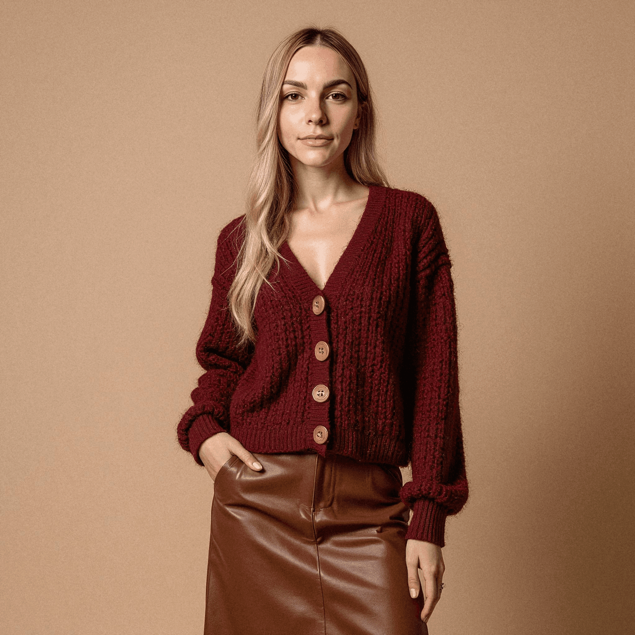 Woman in Burgundy Knit and Leather Skirt