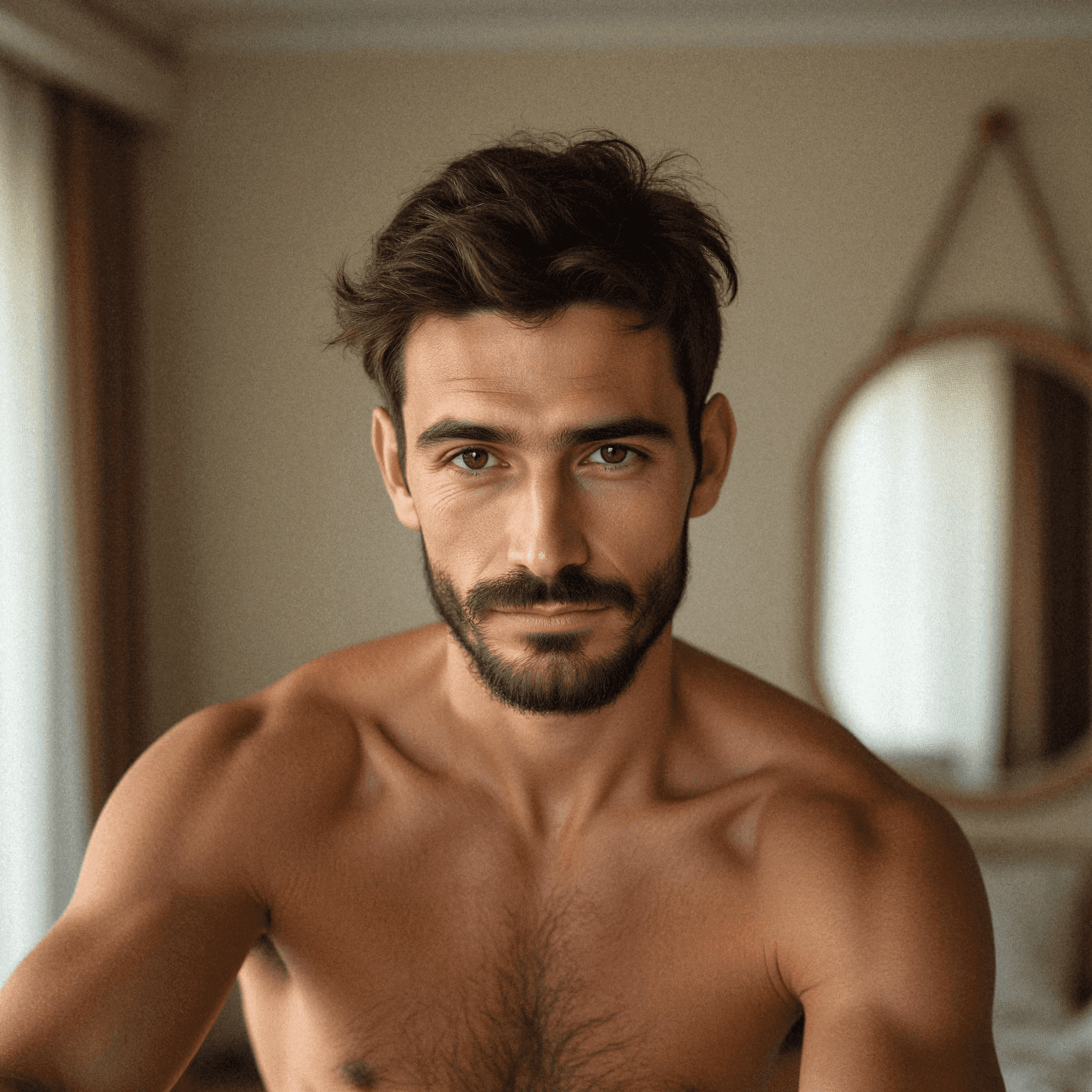 Shirtless Man Taking Mirror Selfie in Room