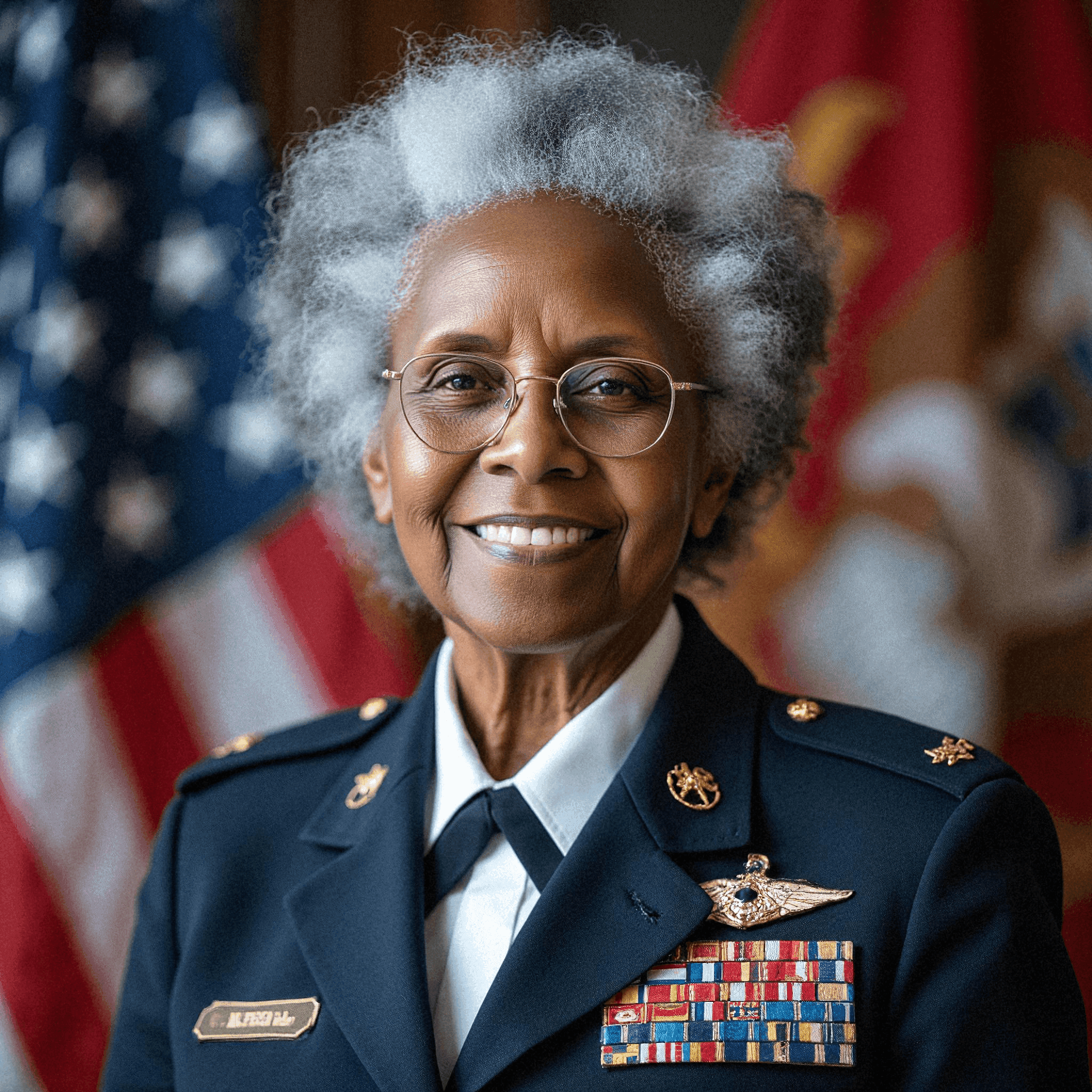 An elderly woman in Marine Corps dress blues