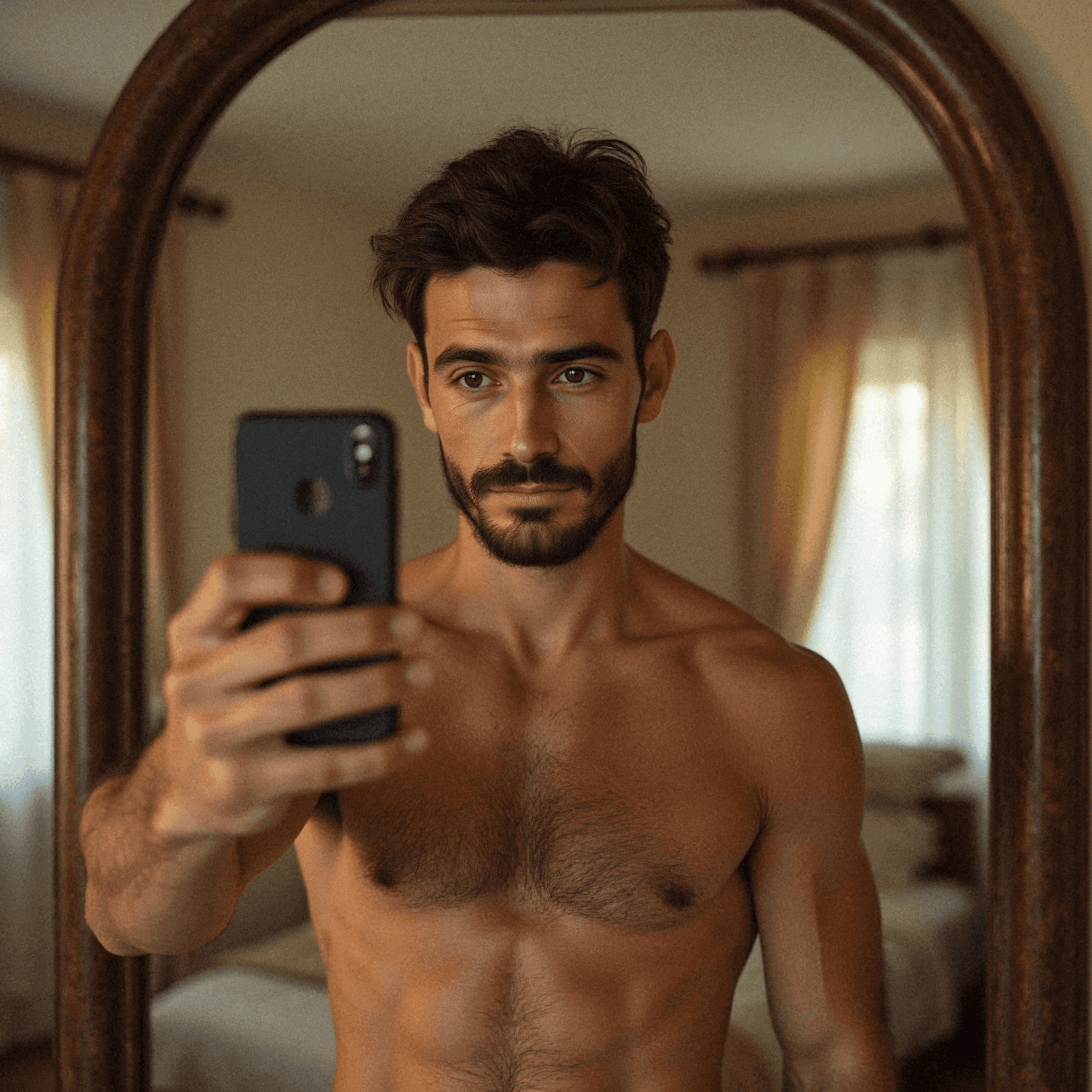 Shirtless man taking bedroom selfie