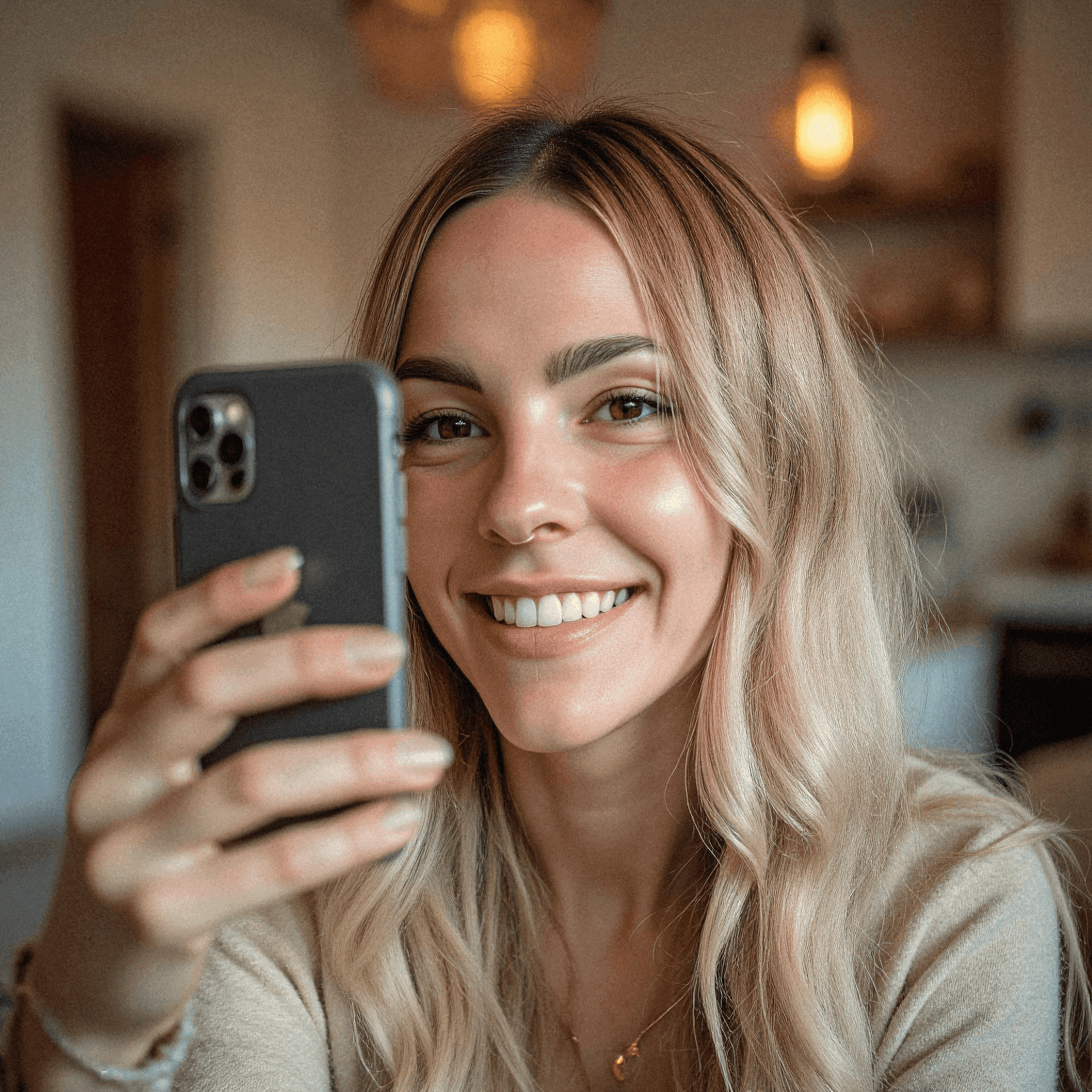 Smiling woman taking a cozy selfie
