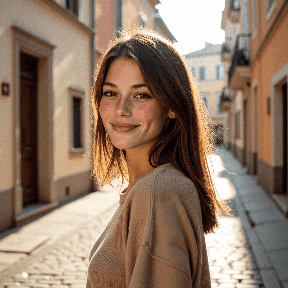 Woman Glancing on a Sunlit Cobblestone Street