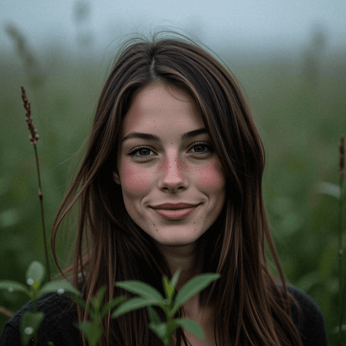 Thoughtful woman in misty meadow