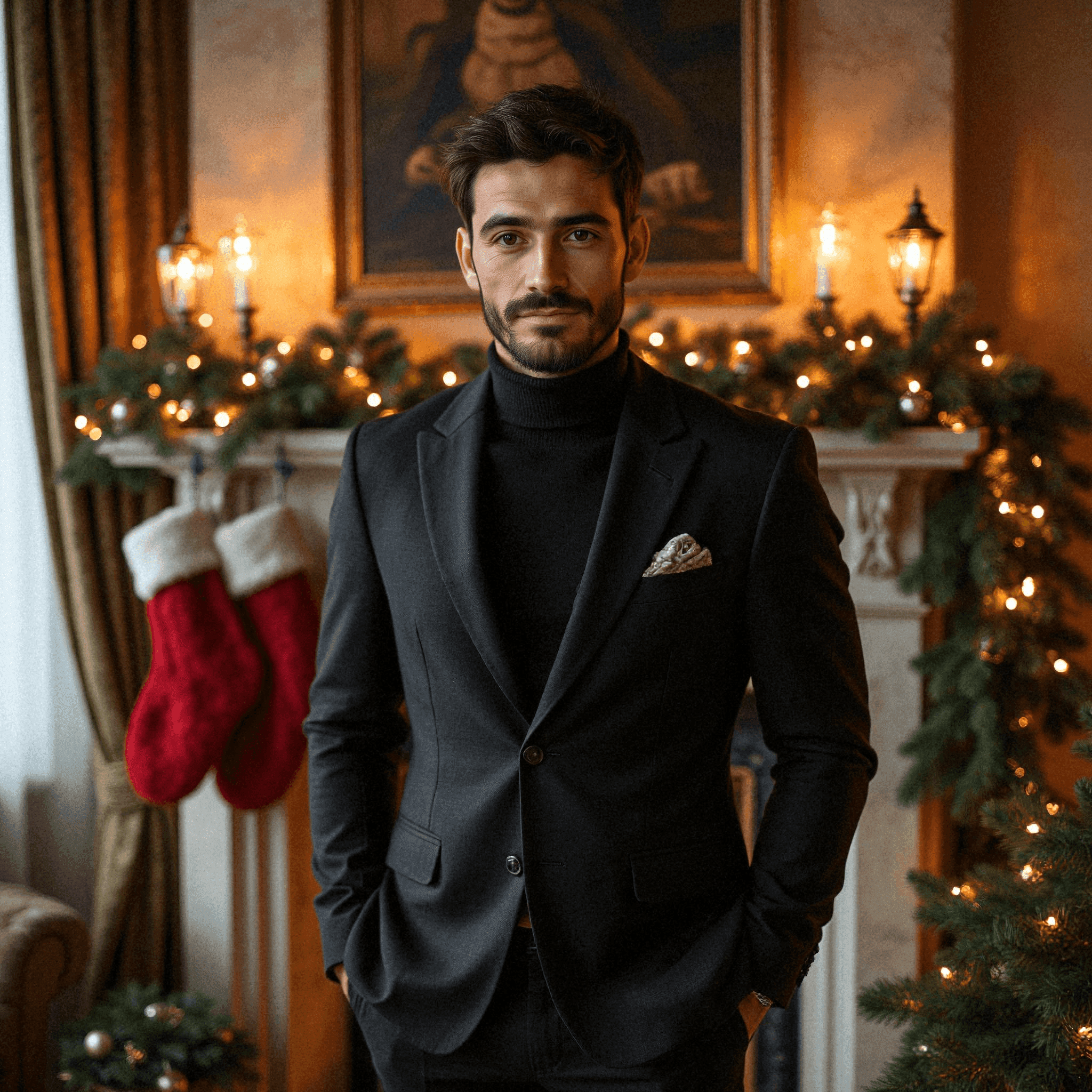 Man in Black Suit by Holiday Fireplace