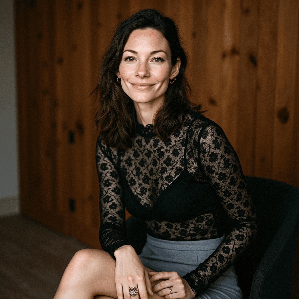 Elegant woman in black lace top