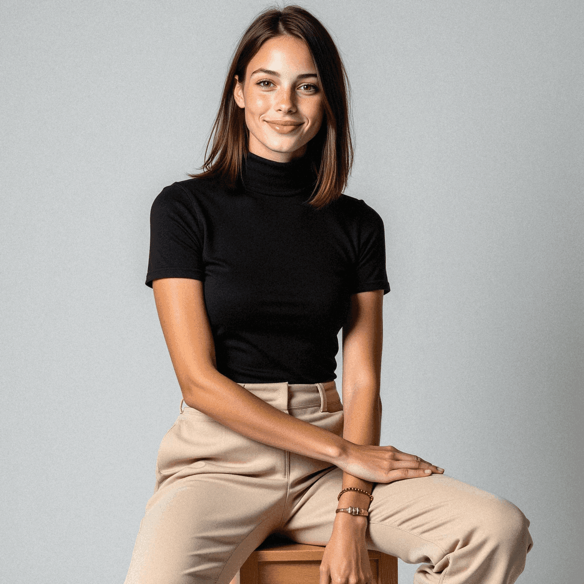 Woman in Black Top on Wooden Stool