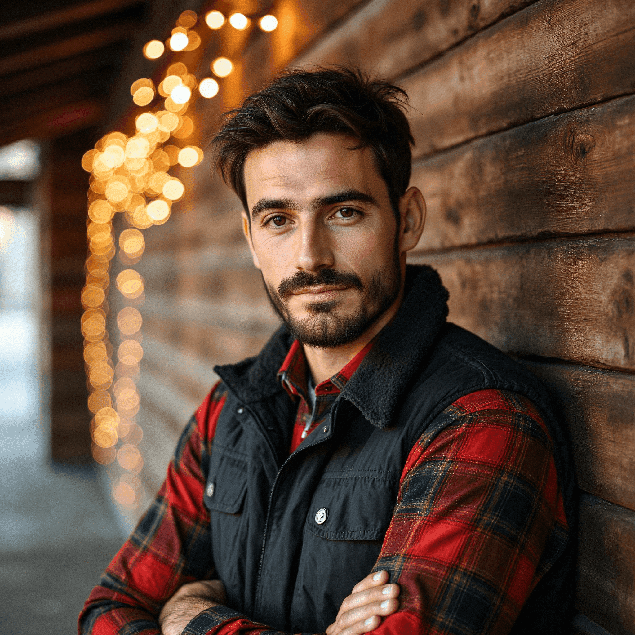 Man leaning against wooden wall with lights