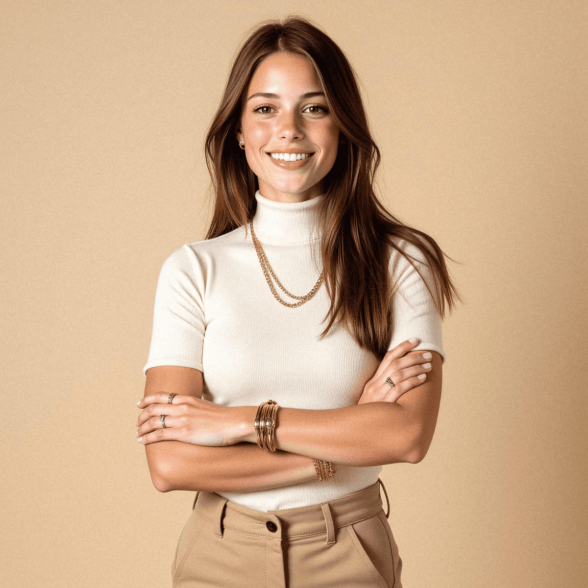 Woman in Beige with Gold Jewelry