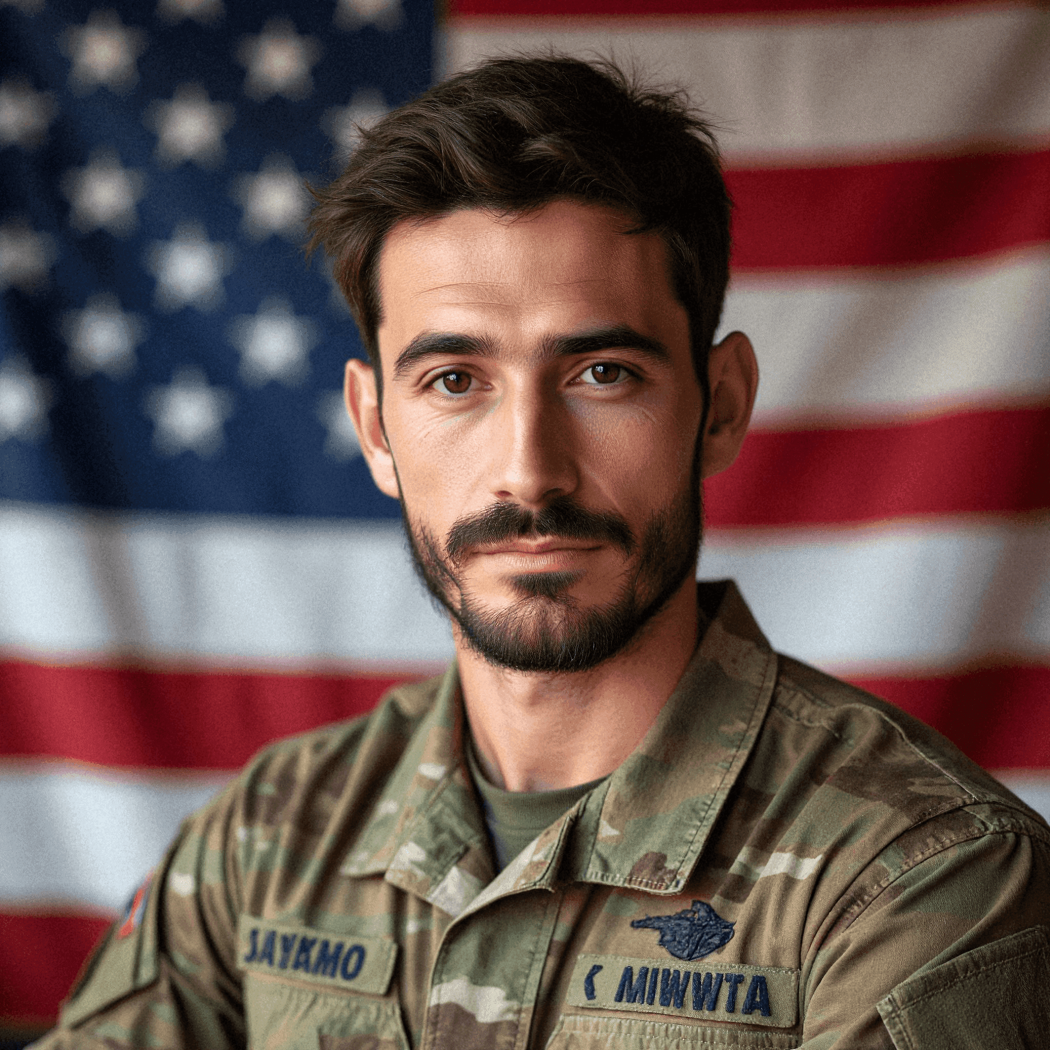 Soldier in Camouflage with American Flag Backdrop