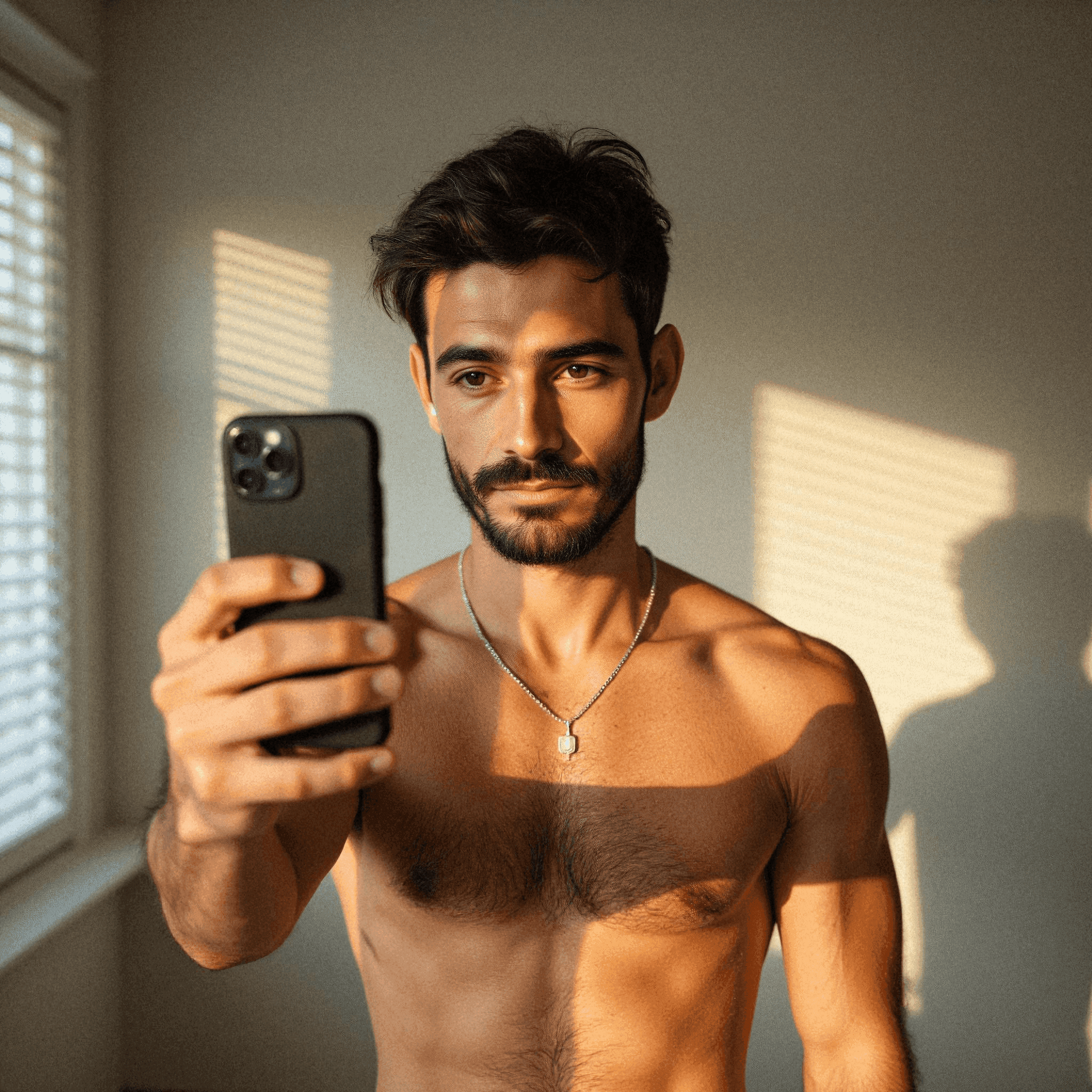 Shirtless man taking a selfie in sunlight