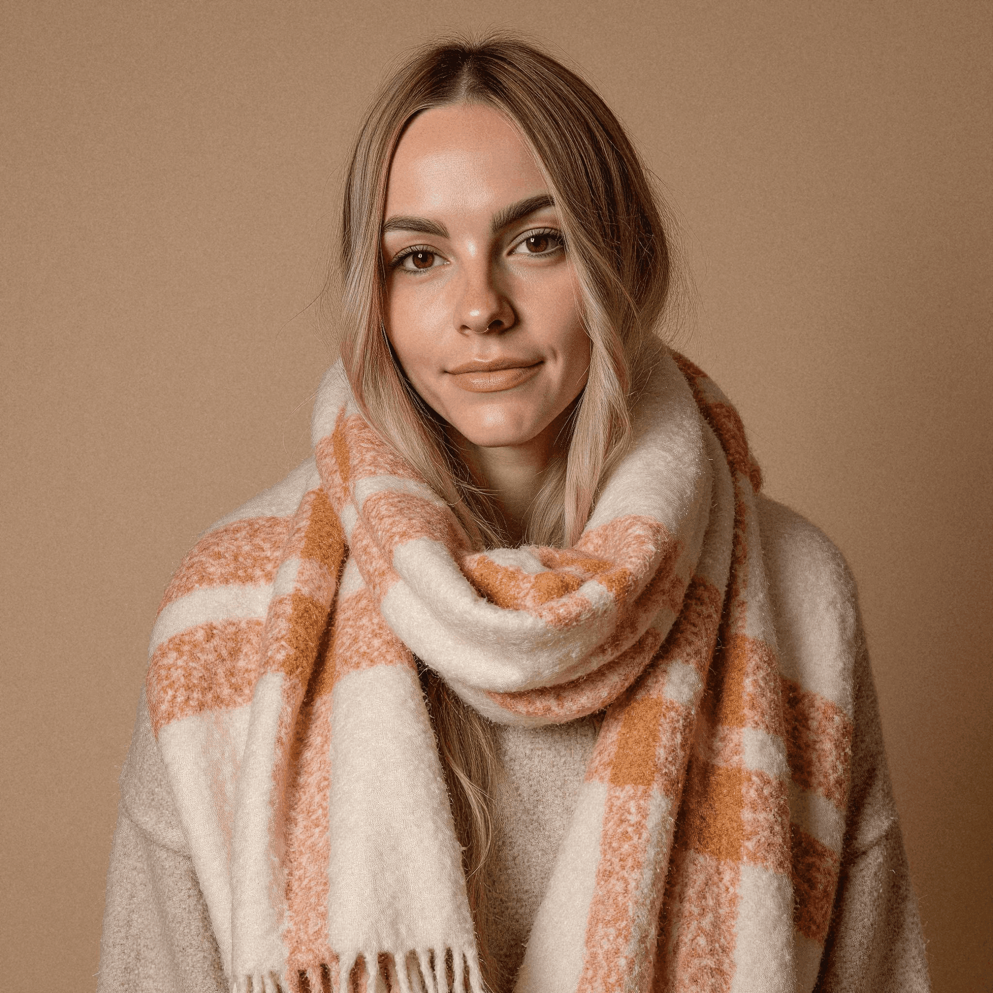 Woman in Oversized Plaid Blanket Scarf