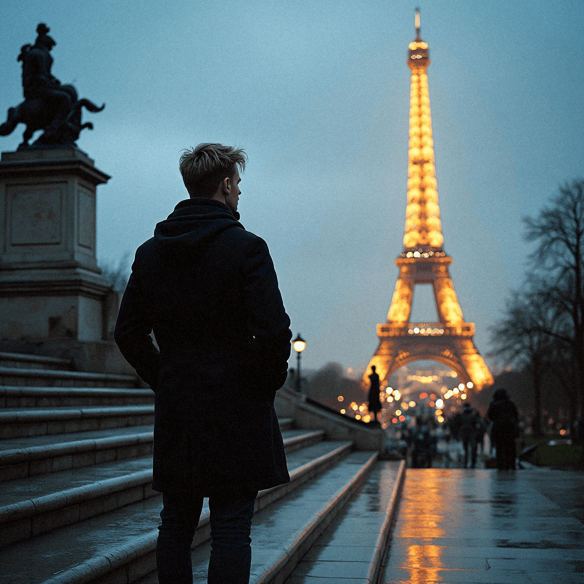 Man gazing at illuminated Eiffel Tower