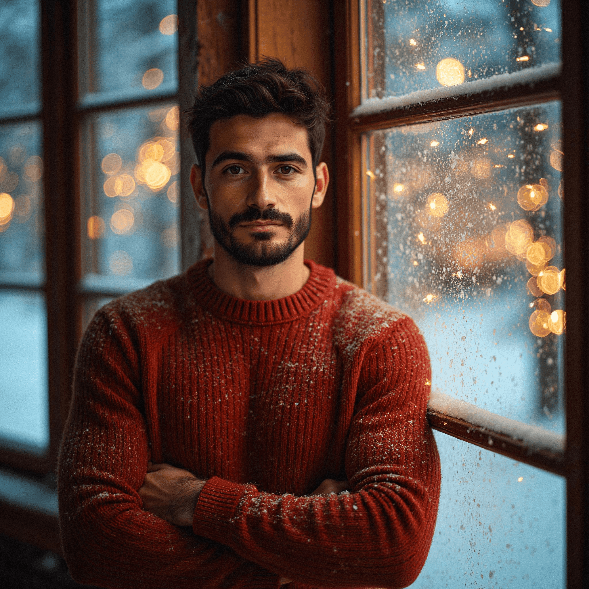 Man in Red Sweater by Snowy Window