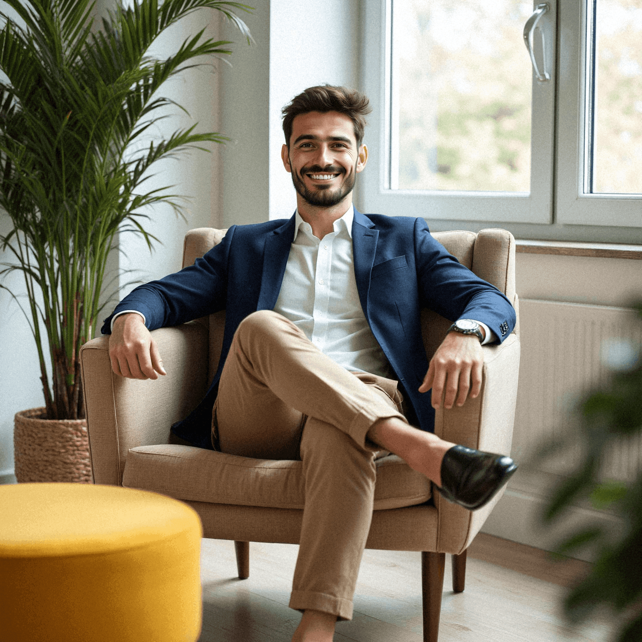 Man in Navy Blazer Relaxing in Armchair