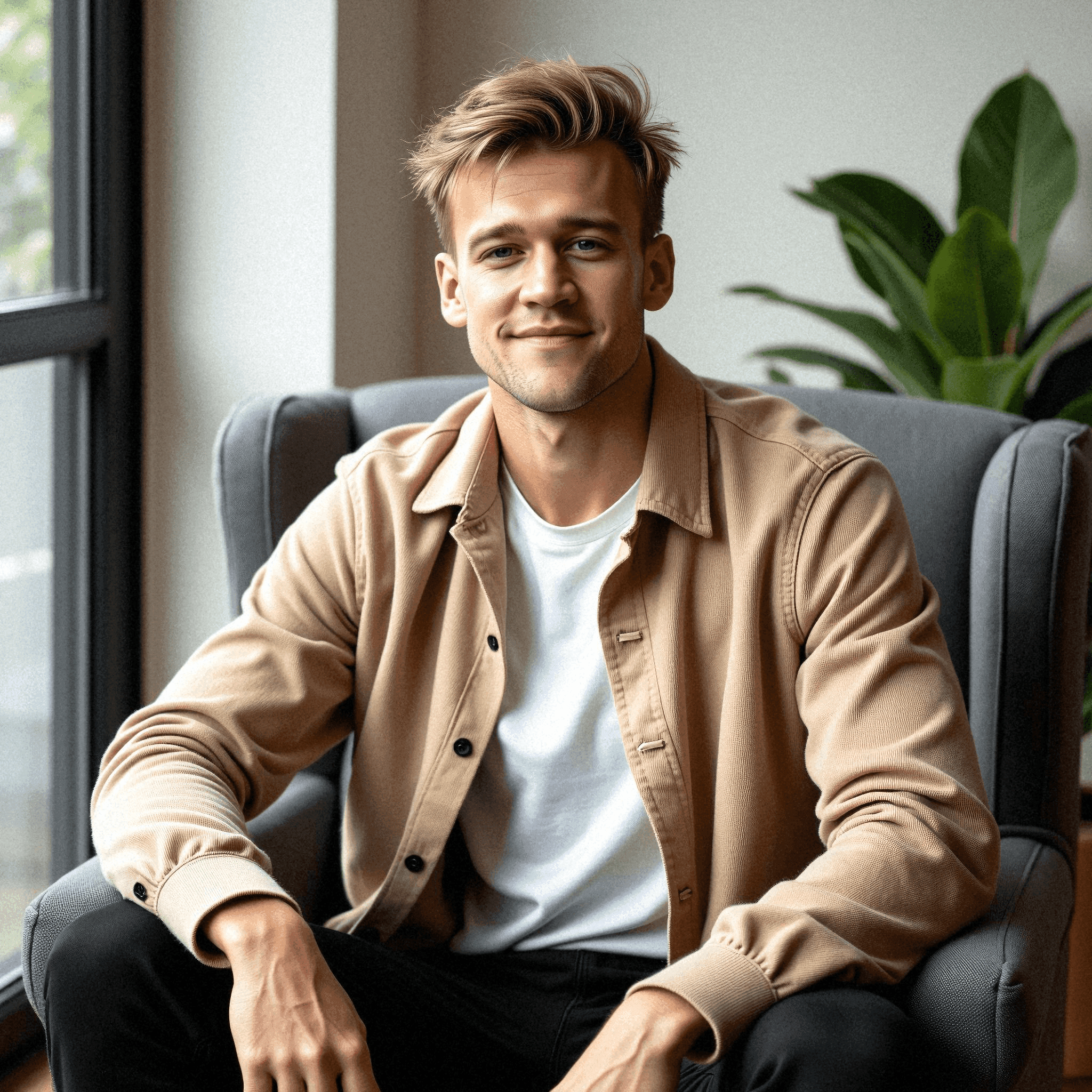 Man in tan overshirt seated in armchair