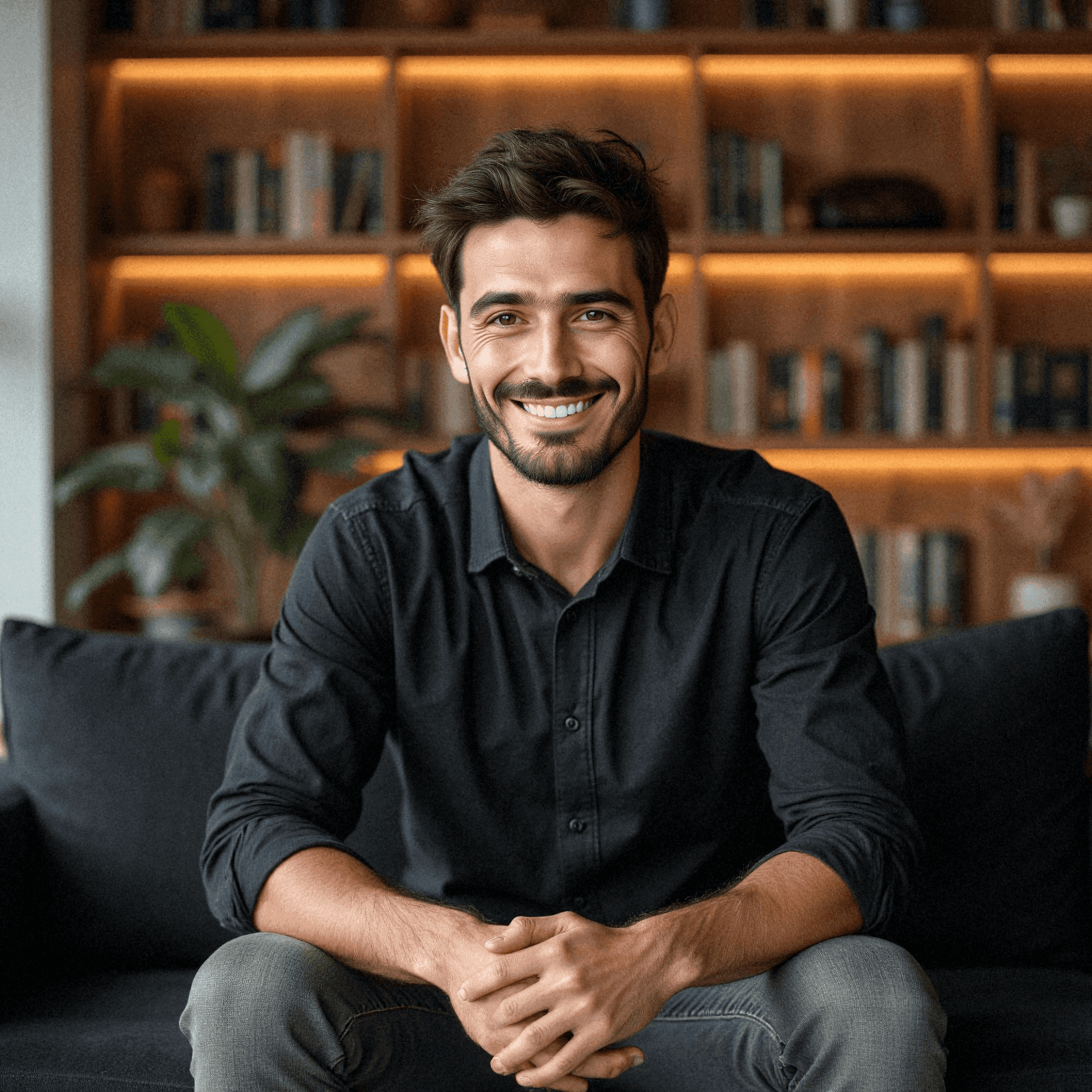 Smiling man relaxed on modern sofa