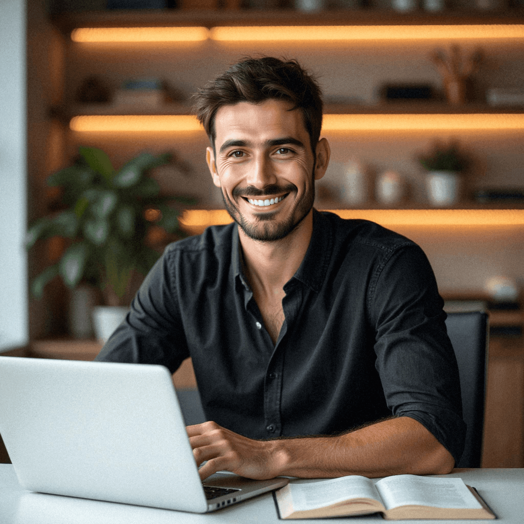 Friendly man in modern office with laptop