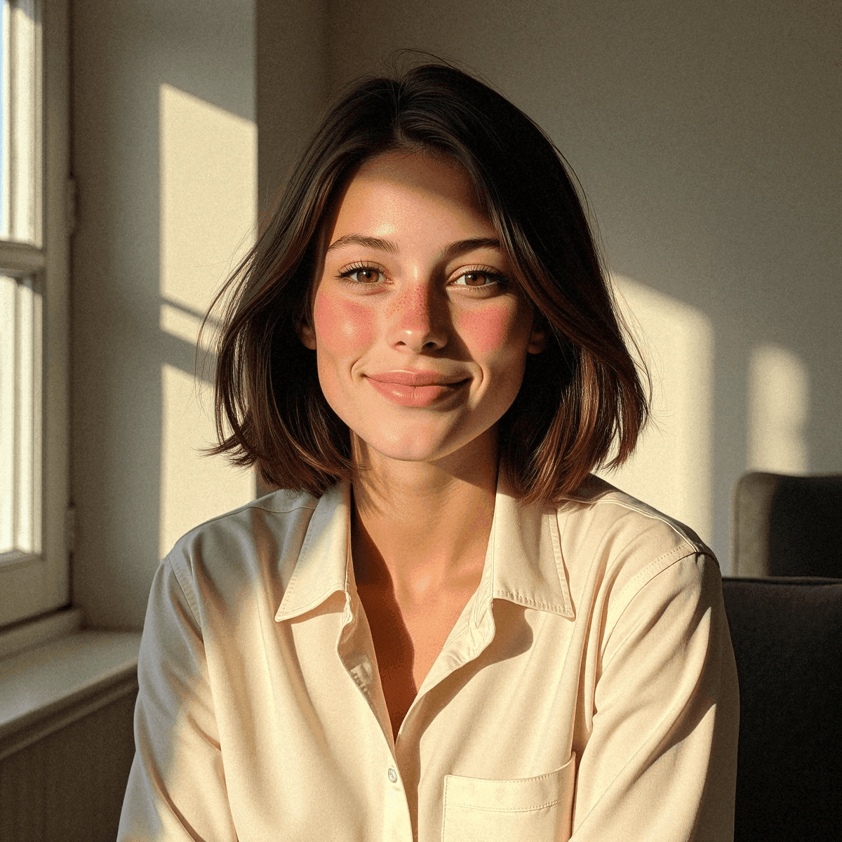 Woman in sunlit room, smiling gently