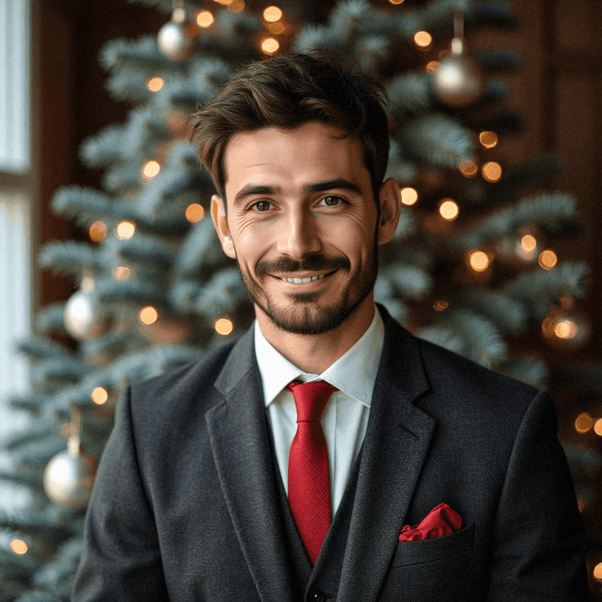 Man in charcoal suit with red tie