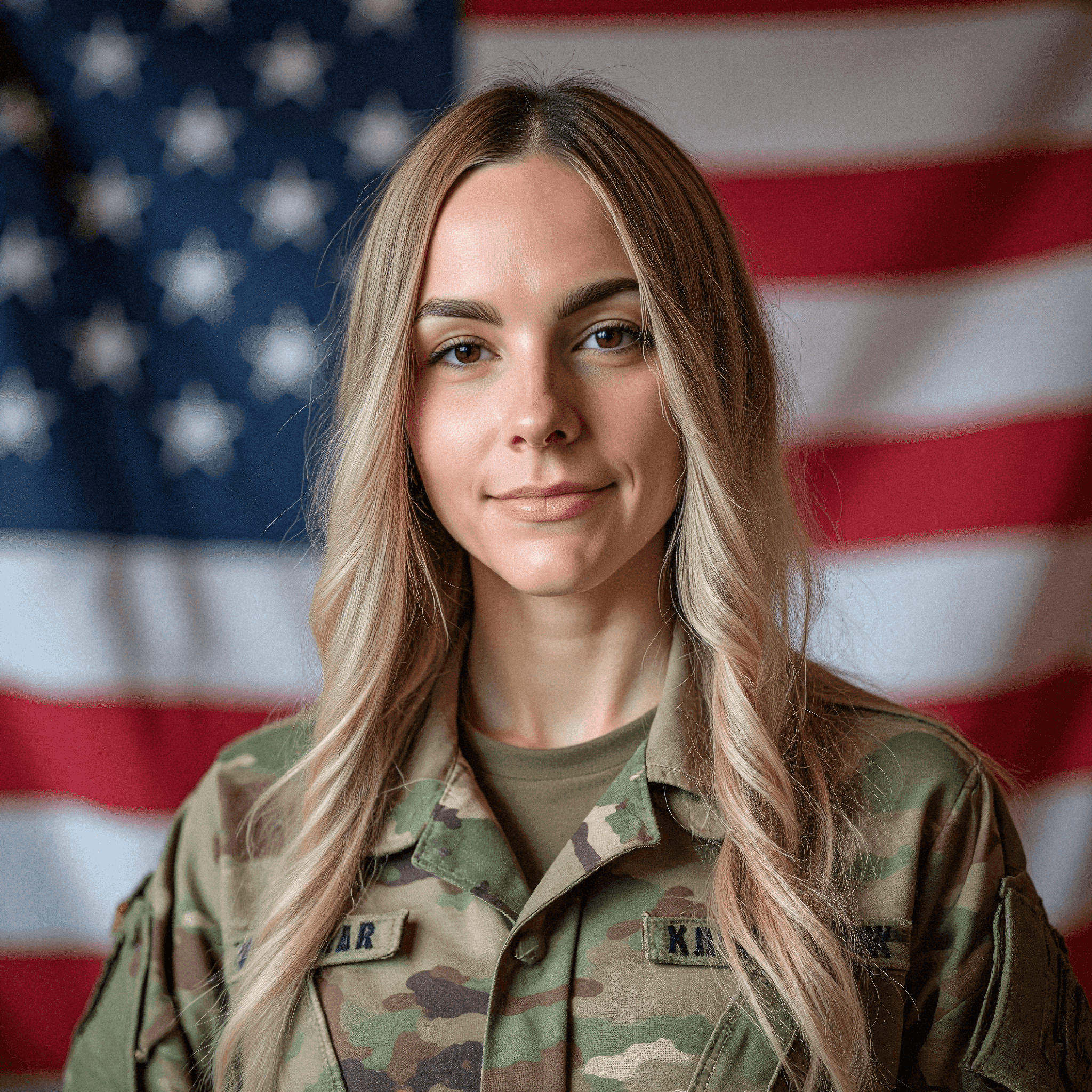 Woman in Army Uniform with American Flag