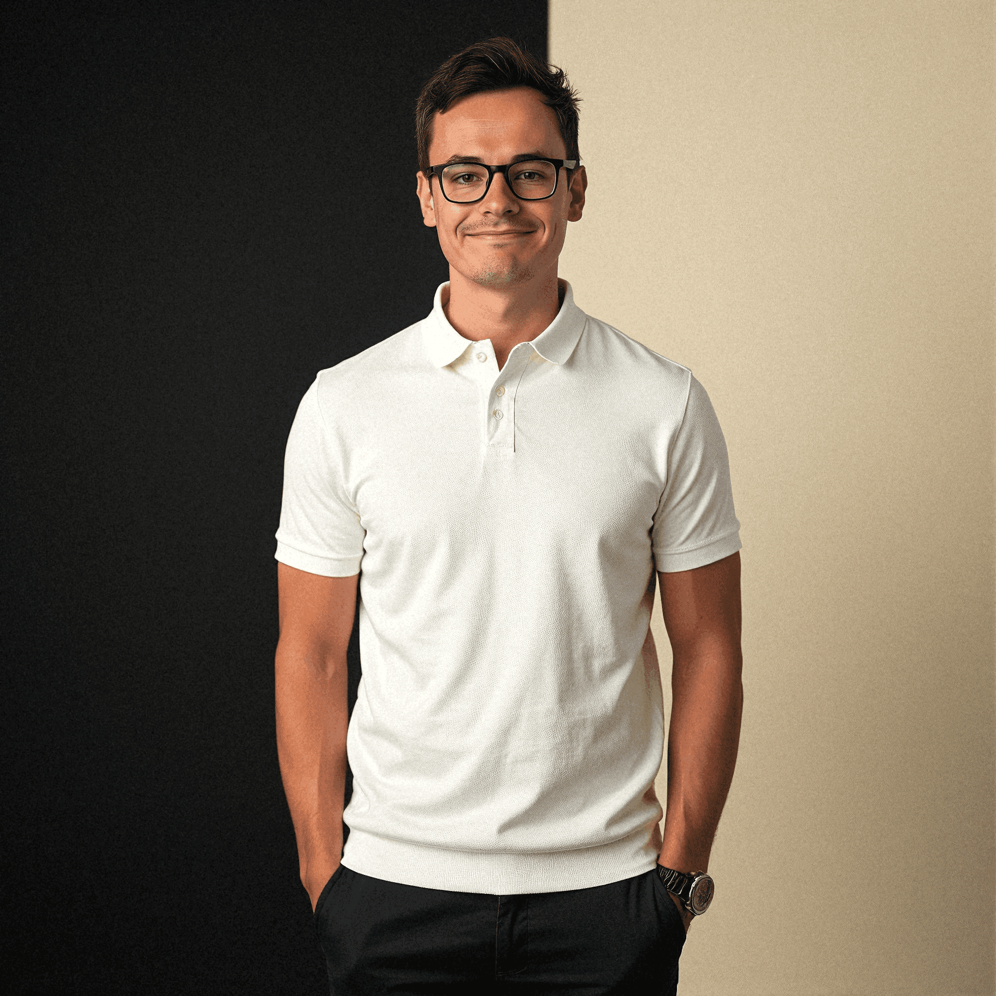 Man in White Polo with Black Wall