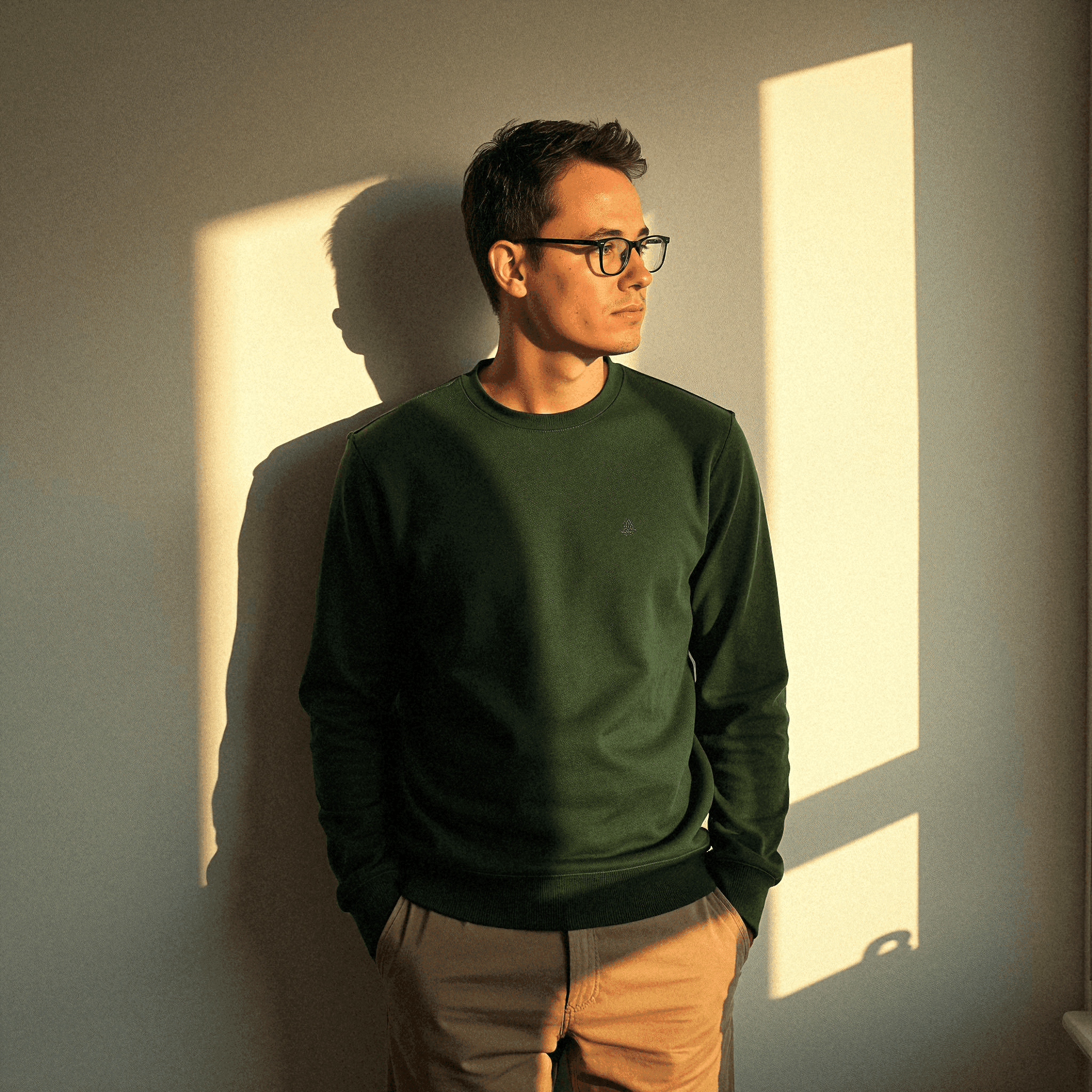 Introspective man in sunlit room