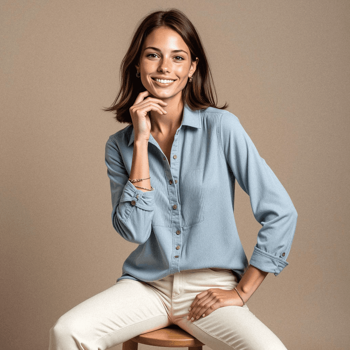 Woman in Blue Blouse on Stool