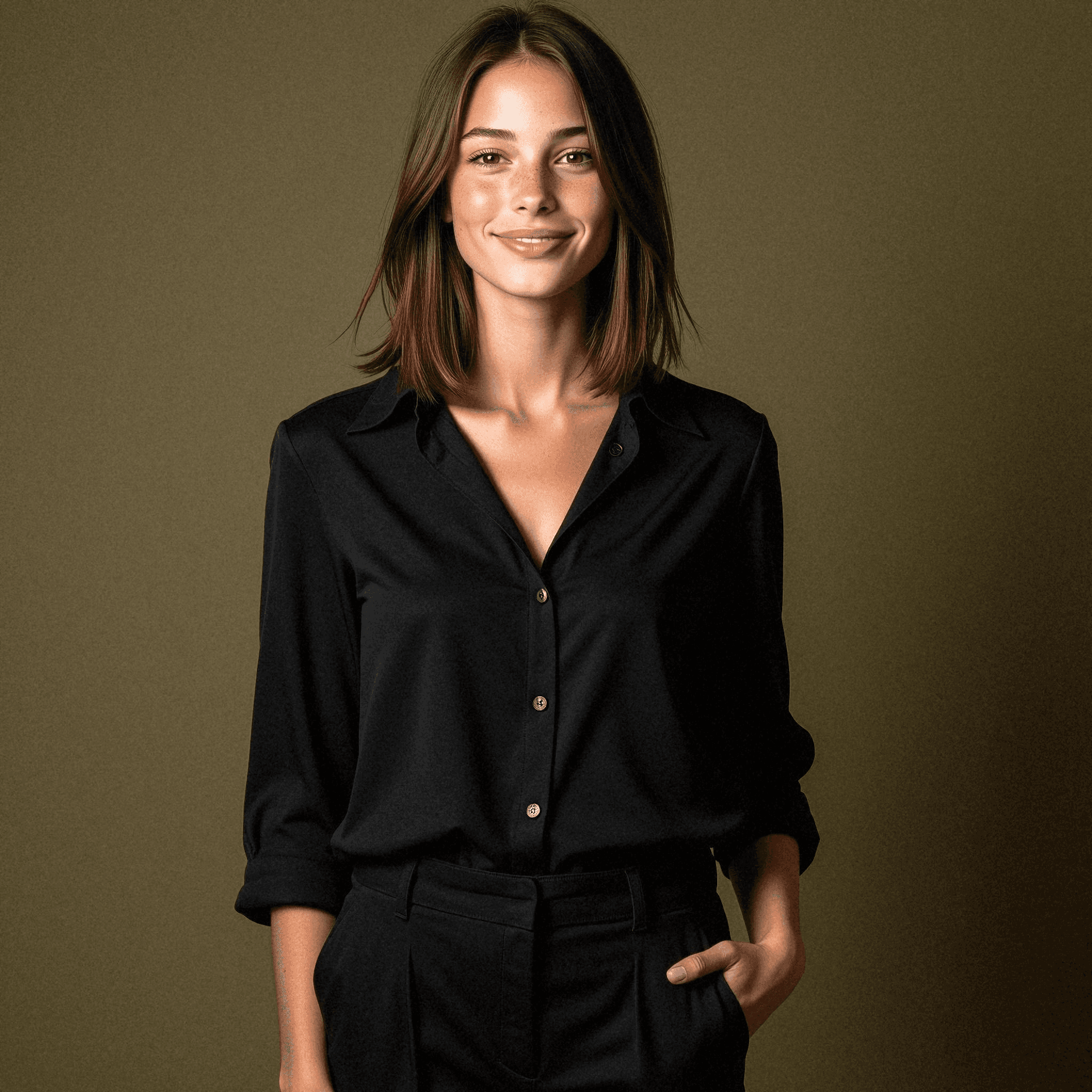 Woman in Black Blouse on Olive Backdrop
