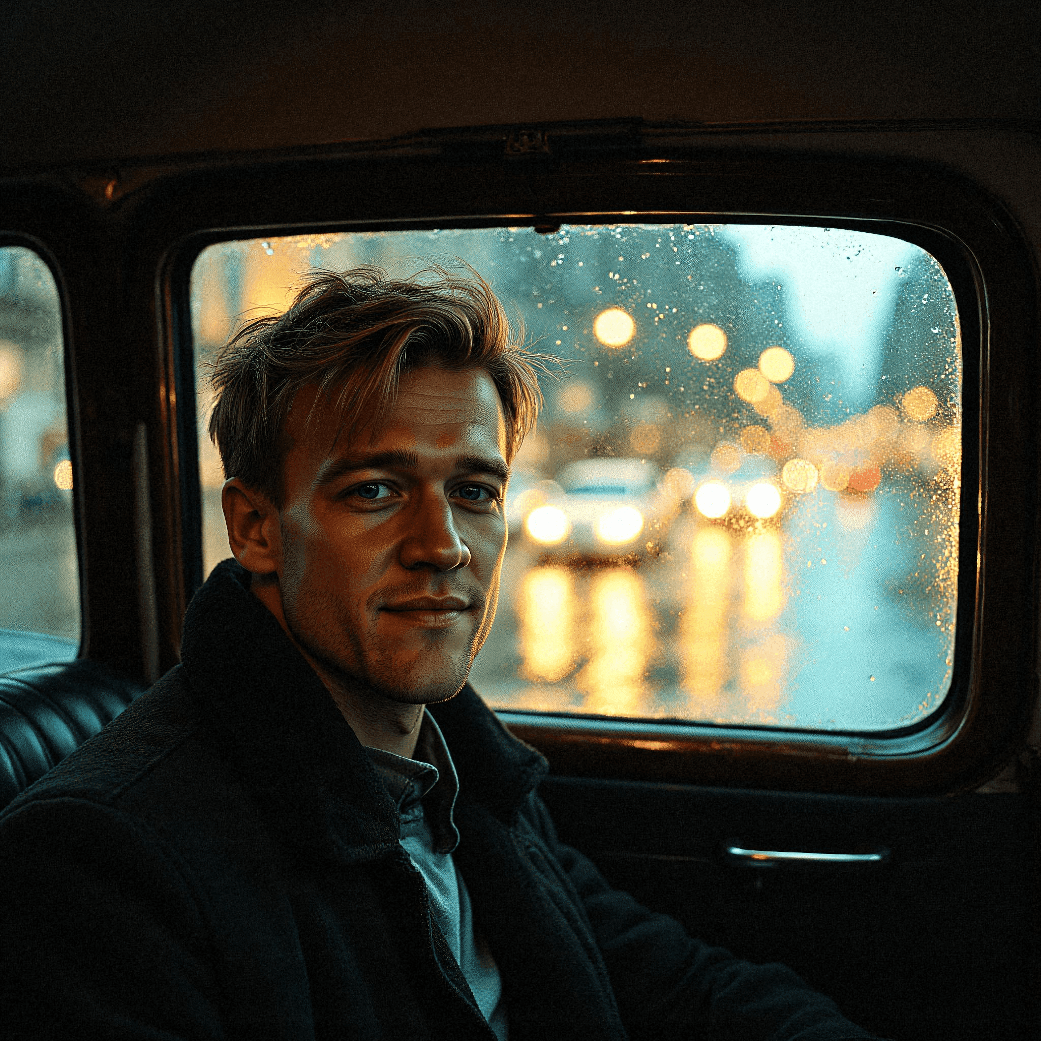 Young man in vintage taxi gazing out
