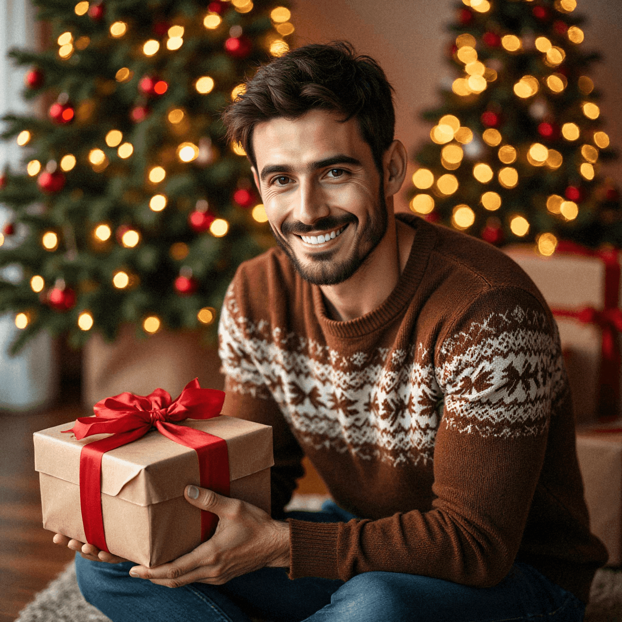 Man Holding Christmas Gift by Tree