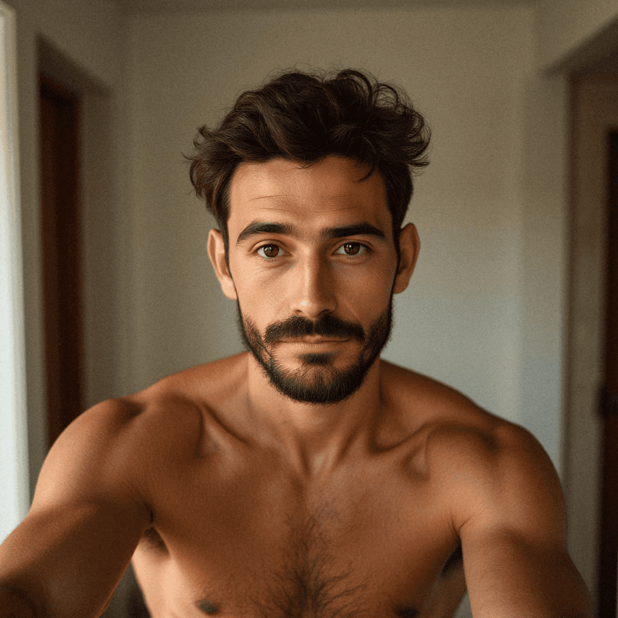 Shirtless man in warm bathroom lighting