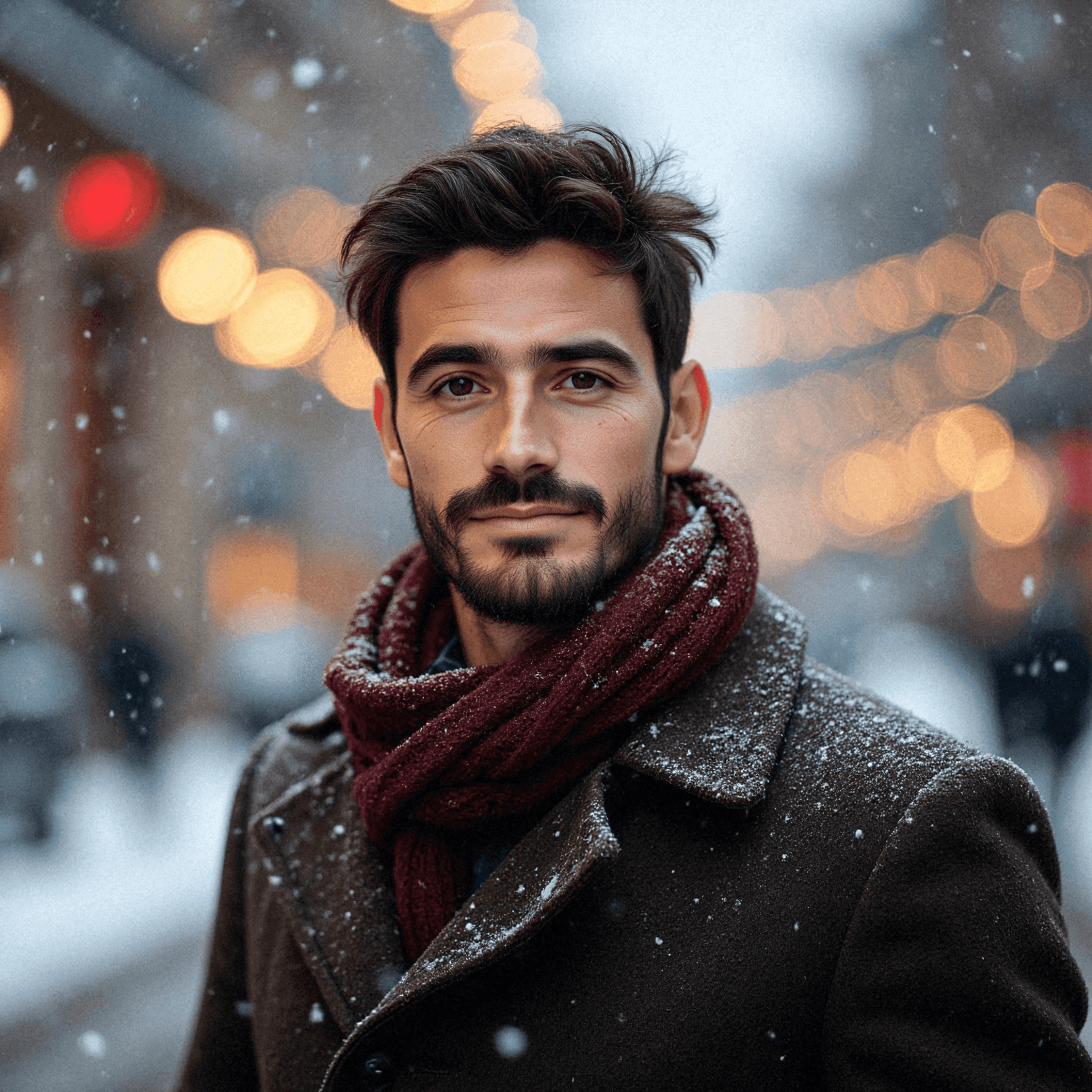 Man standing outdoors in snowy cityscape