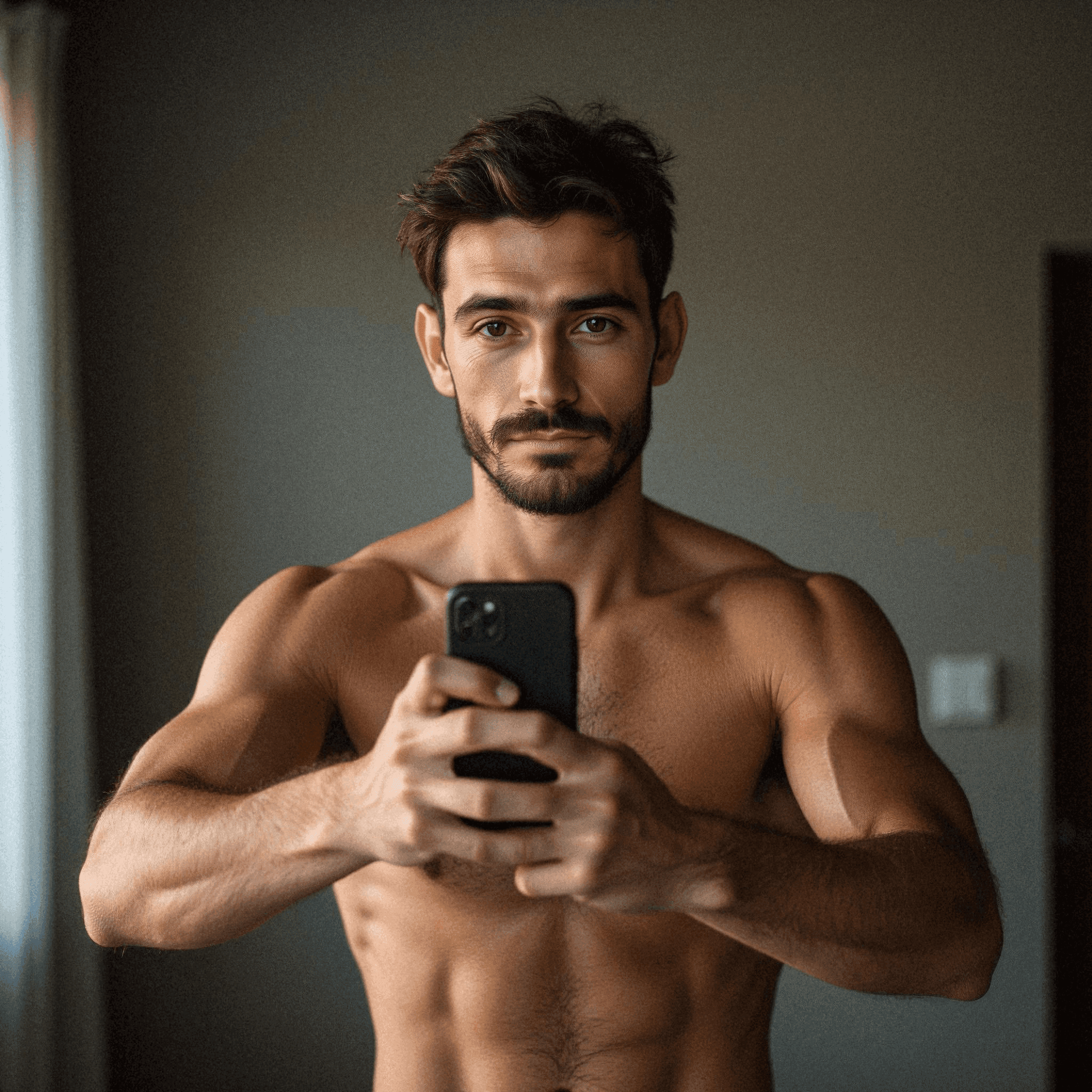Athletic man taking a mirror selfie