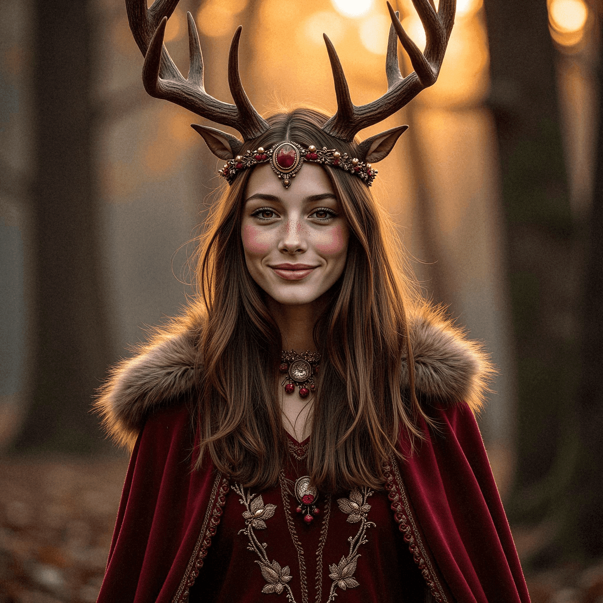 Regal woman in forest with antler crown