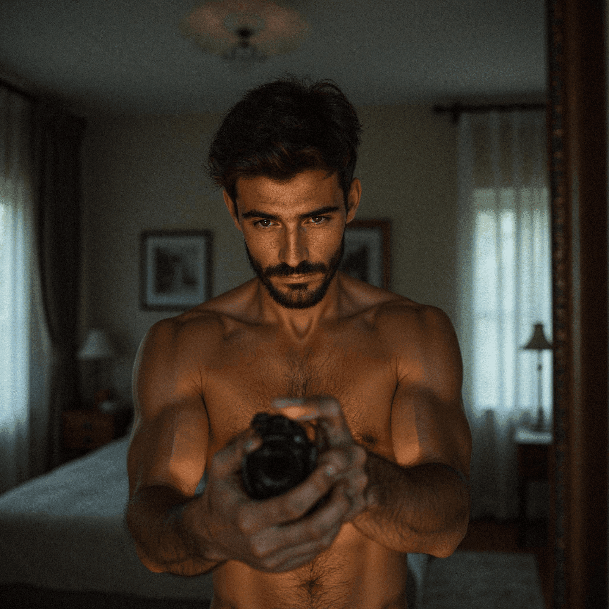 Moody self-portrait in shadowy bedroom